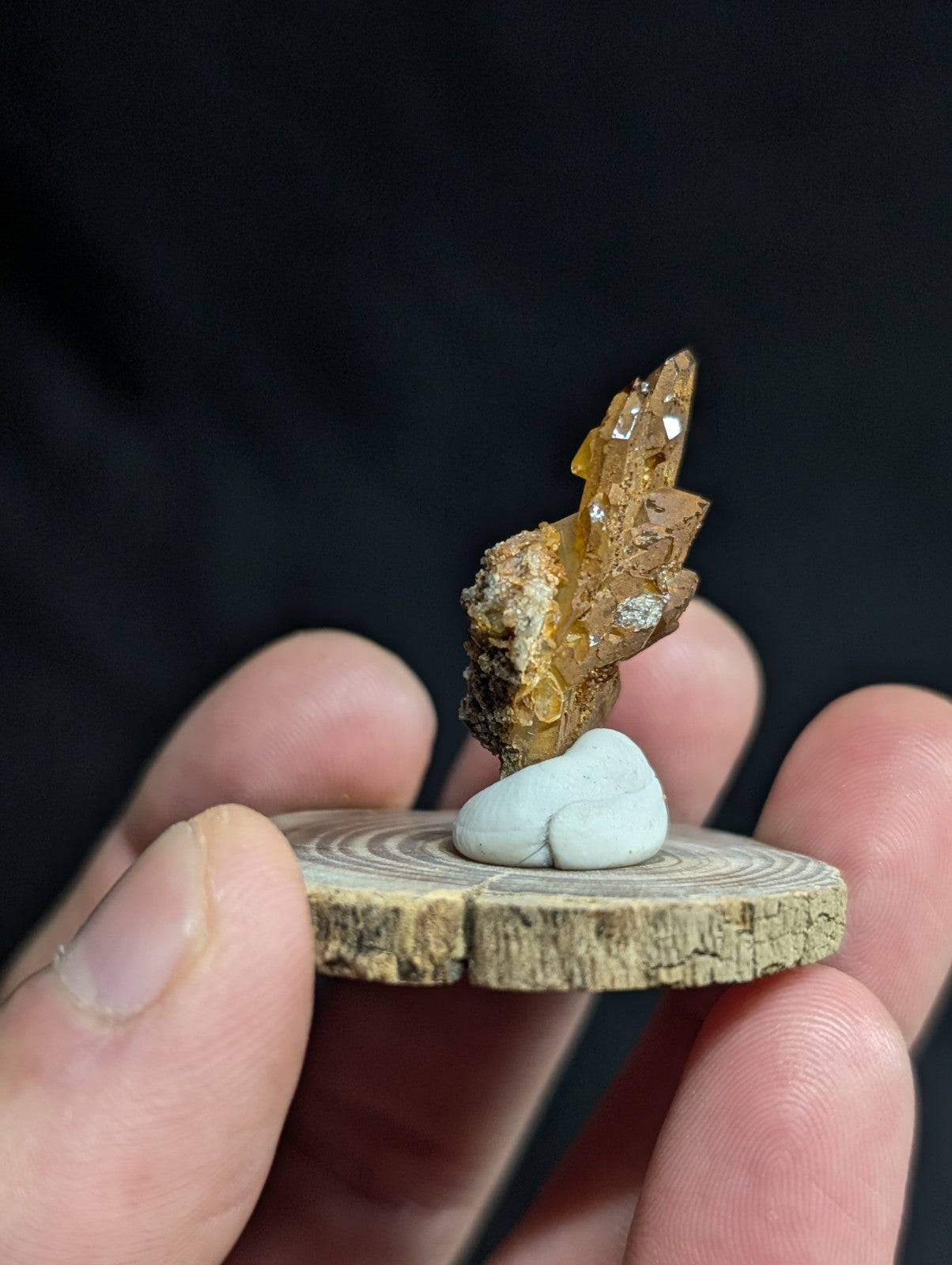 A golden-yellow crystal specimen with a rough, earthy base and translucent facets rests on a small, light-blue stone atop a circular wooden slice.