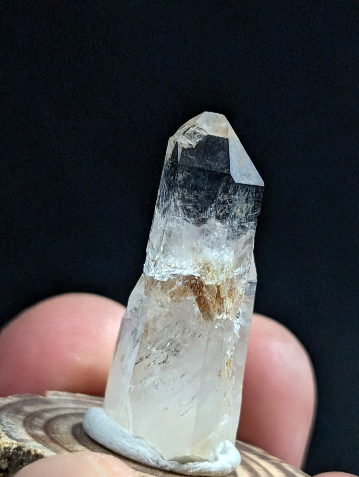 A clear quartz crystal with a pointed tip and natural inclusions, mounted on a white base.