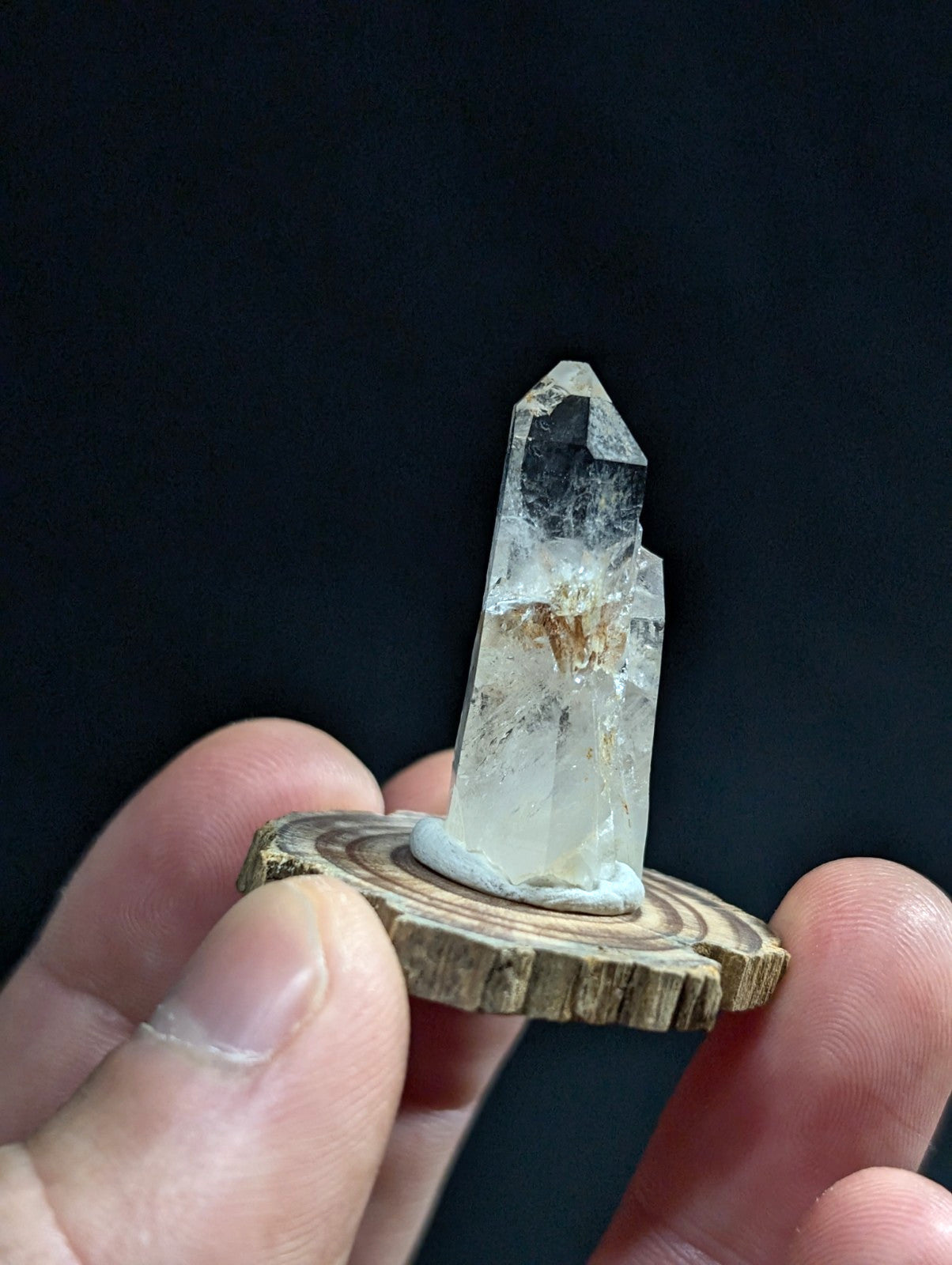 A clear quartz crystal with a pointed tip and subtle internal inclusions, mounted on a rustic wooden slice.