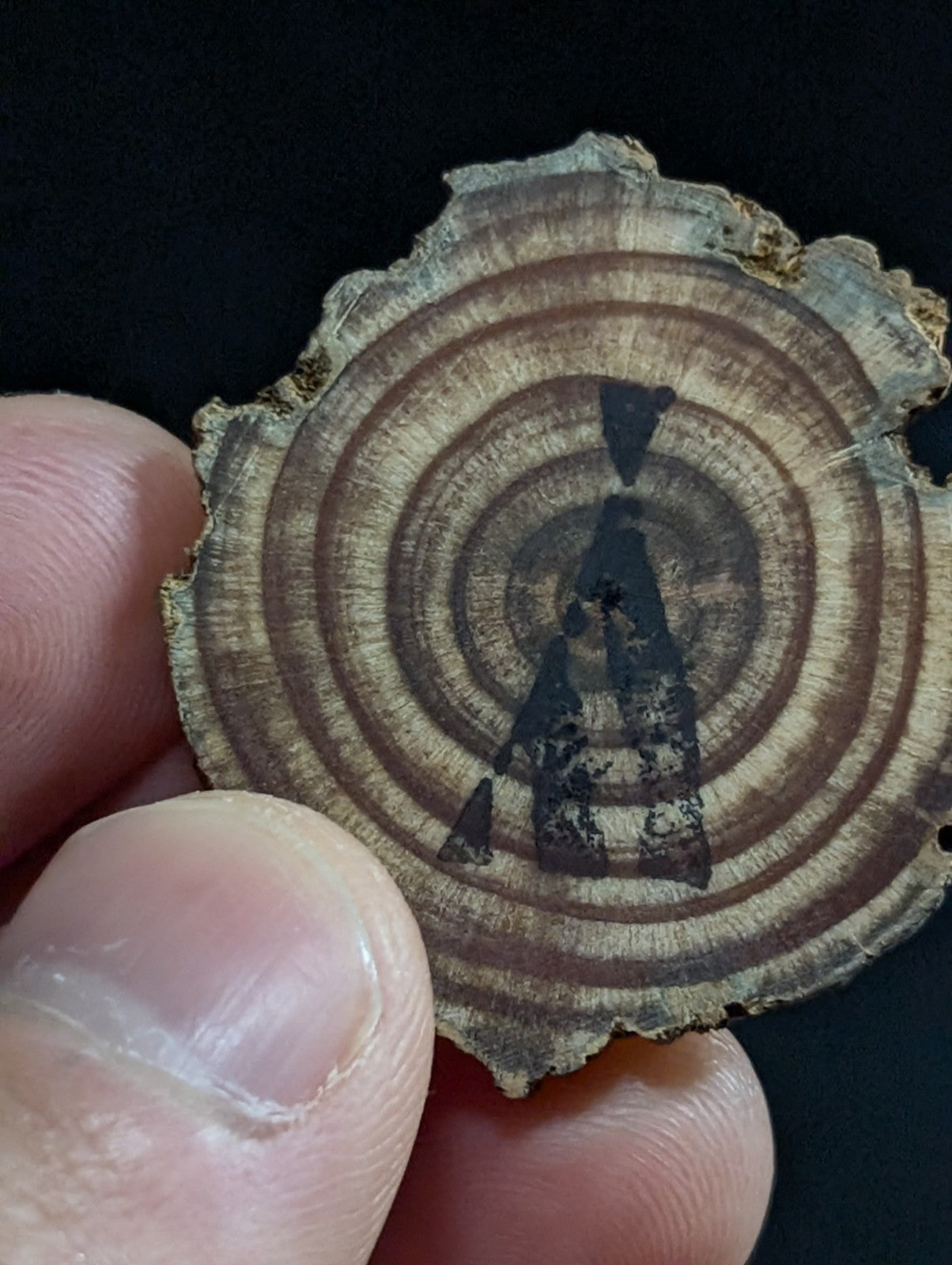 A rustic, circular wooden slice with visible growth rings and a dark inked silhouette of an abstract figure.