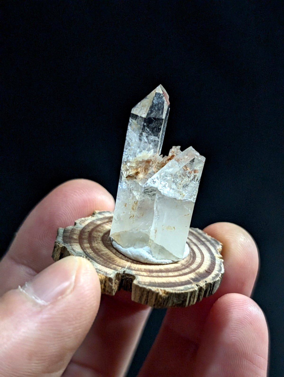 A clear quartz crystal cluster with a pointed, faceted top and natural imperfections sits atop a rustic wooden slice.