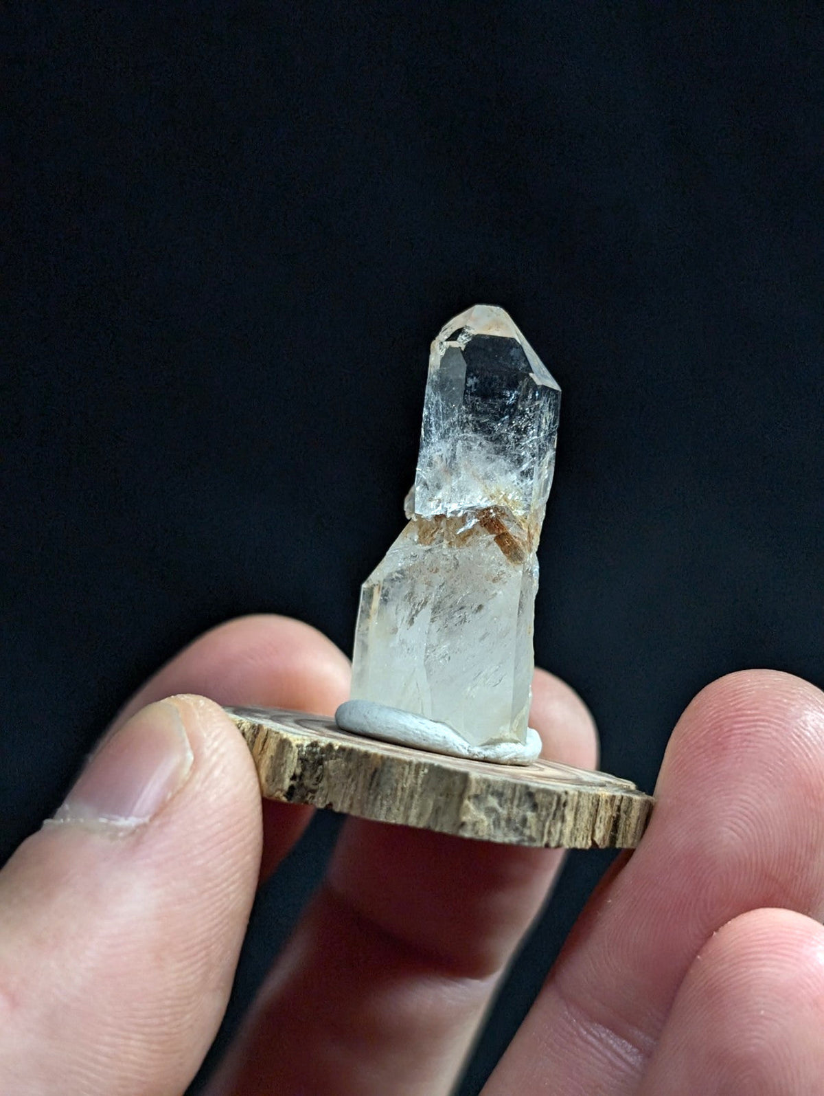 A clear, faceted quartz crystal with a natural base sits atop a rustic wooden slice.