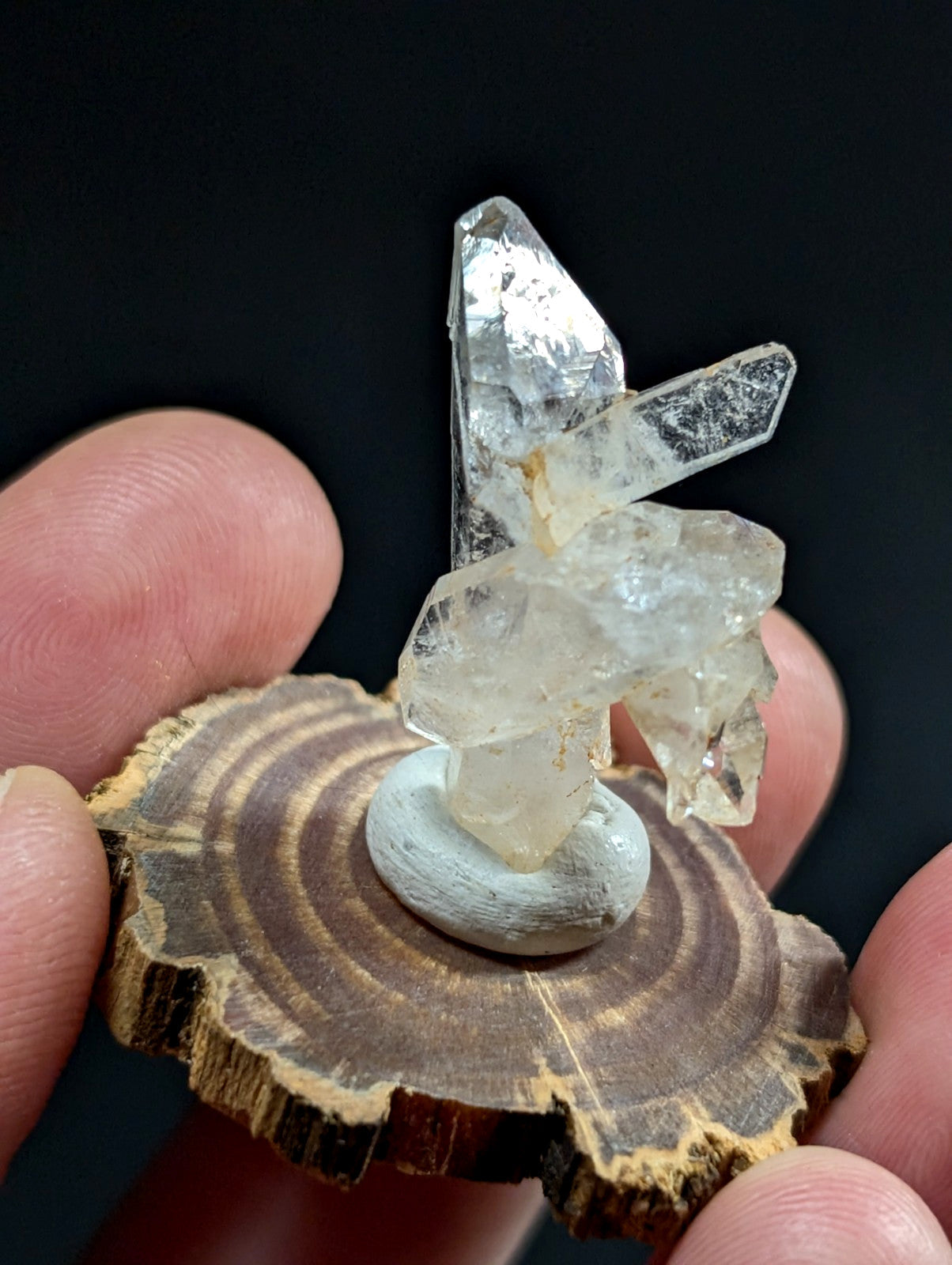 A translucent, clear quartz crystal cluster with sharp facets and a natural, irregular growth pattern sits atop a smooth white base on a rustic wooden slice.