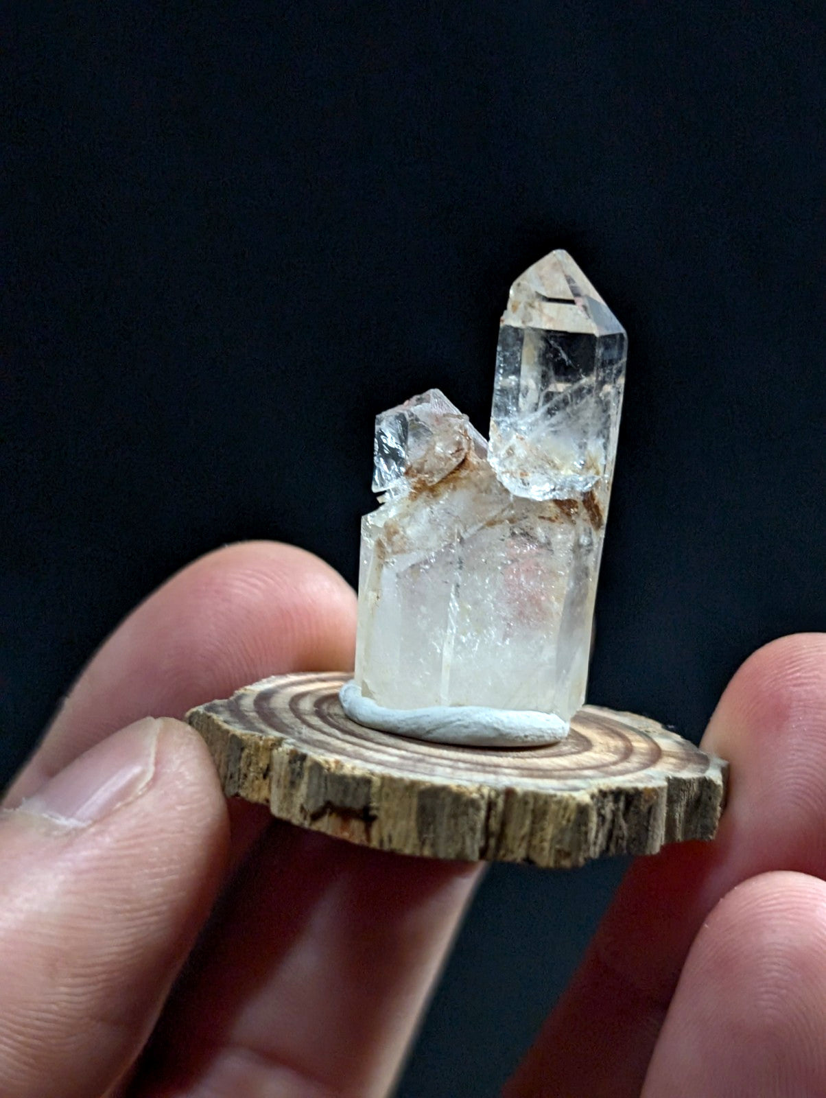 A clear quartz crystal cluster, featuring a tall central point and smaller adjacent formations, displayed on a rustic wooden slice.