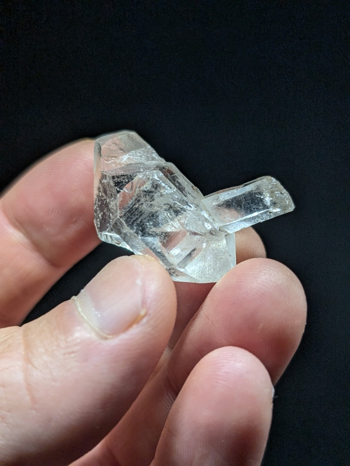 A clear, faceted quartz crystal with a geometric, bird-like shape held gently in fingers.