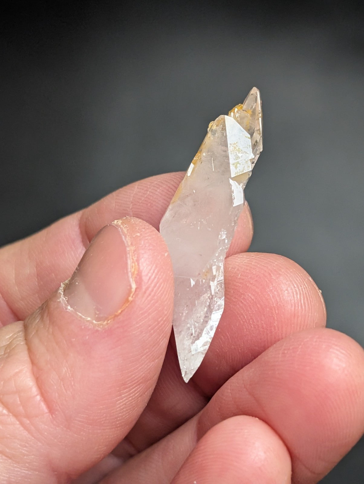 A translucent, clear quartz crystal with a pointed tip and subtle golden inclusions.