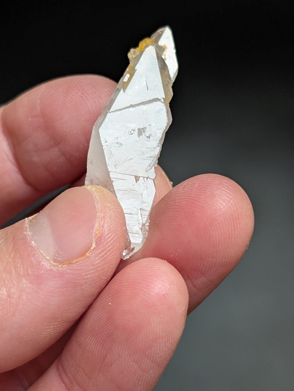 A translucent, clear quartz crystal with a pointed tip and visible internal inclusions.