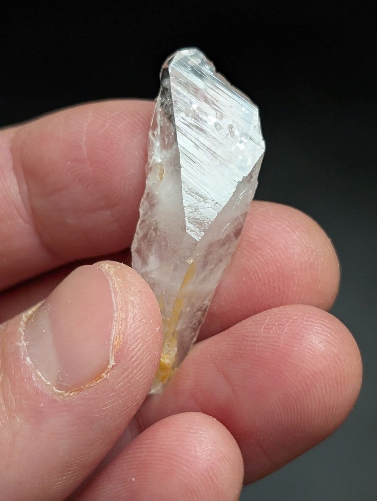 A translucent, clear quartz crystal with a pointed tip and visible internal yellow inclusions.