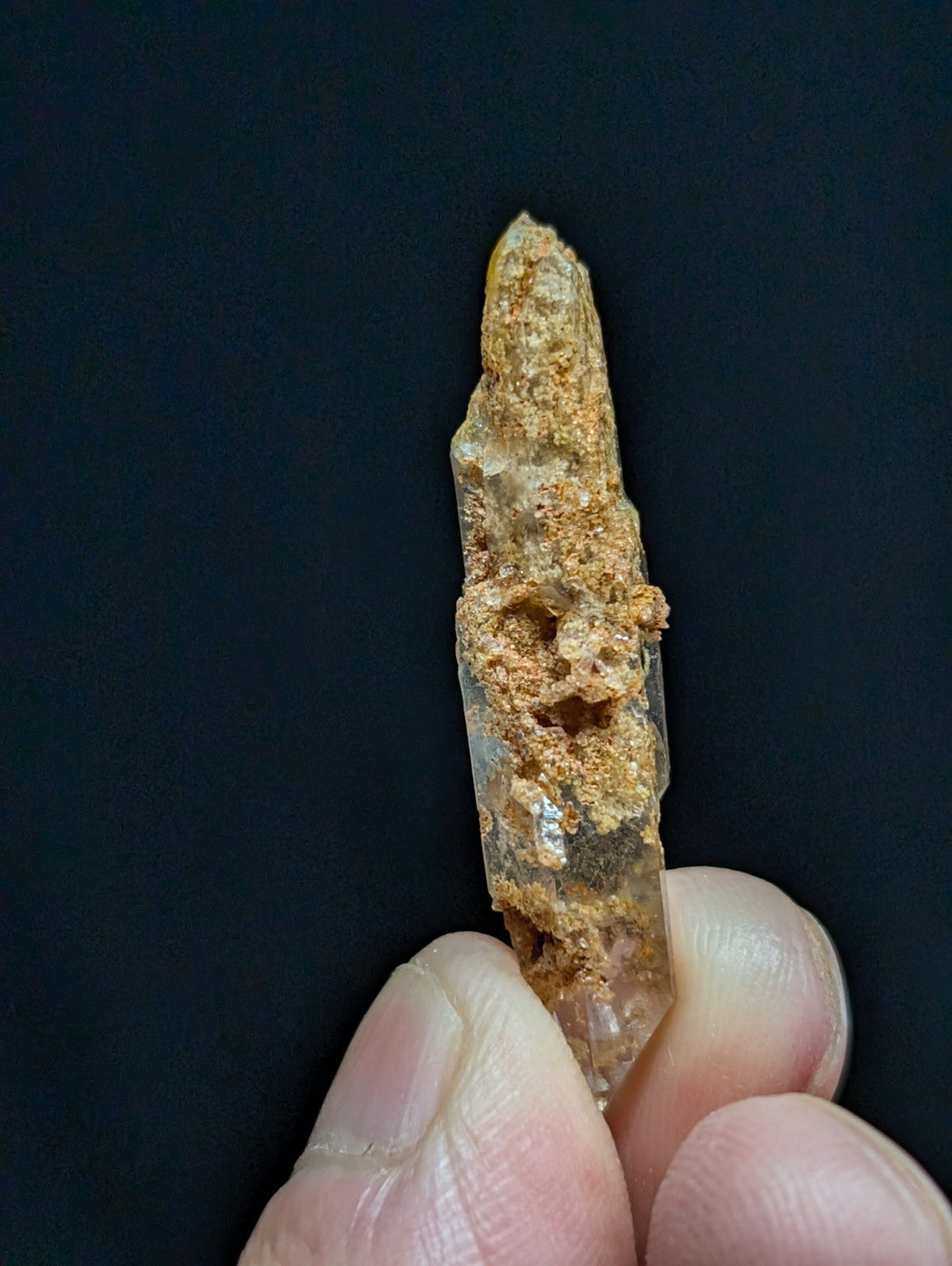 A translucent quartz crystal with a pointed tip, partially covered in brownish mineral residue and embedded within the stone.