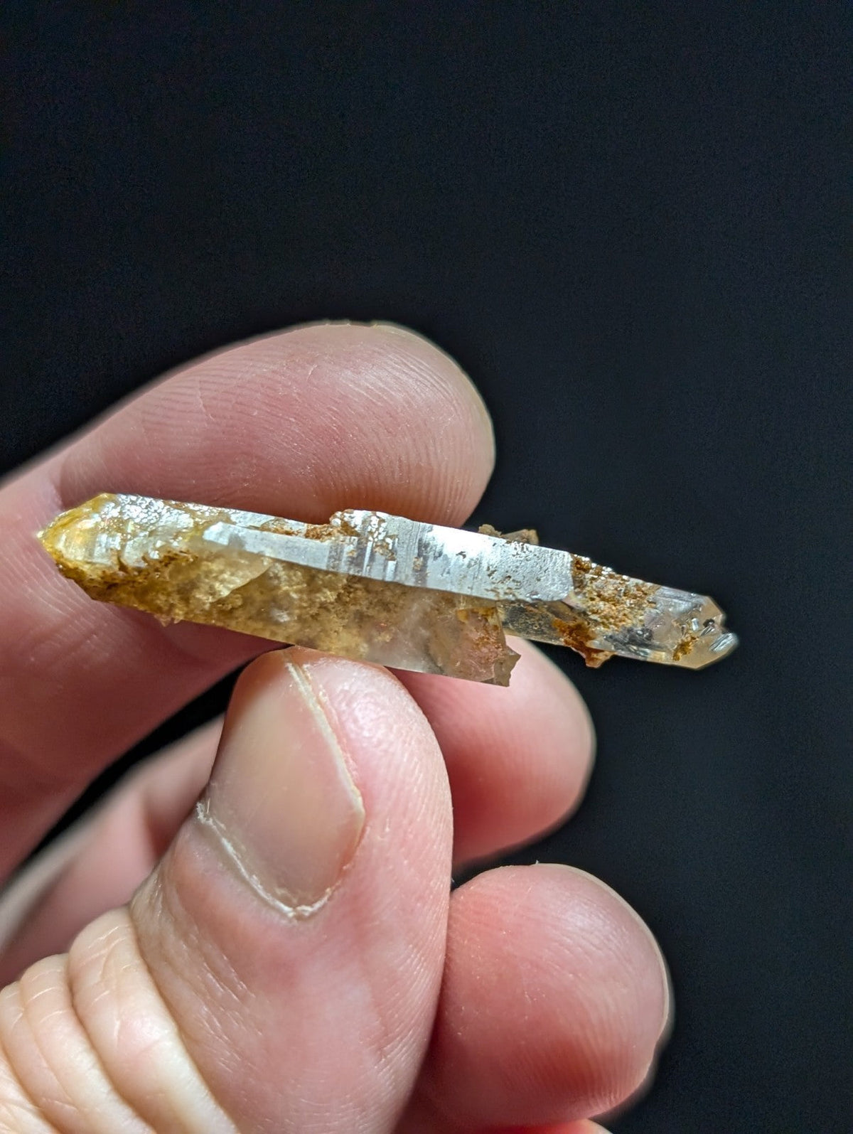 A translucent quartz crystal with a golden-brown mineral inclusion and clear, faceted sections held in hand.