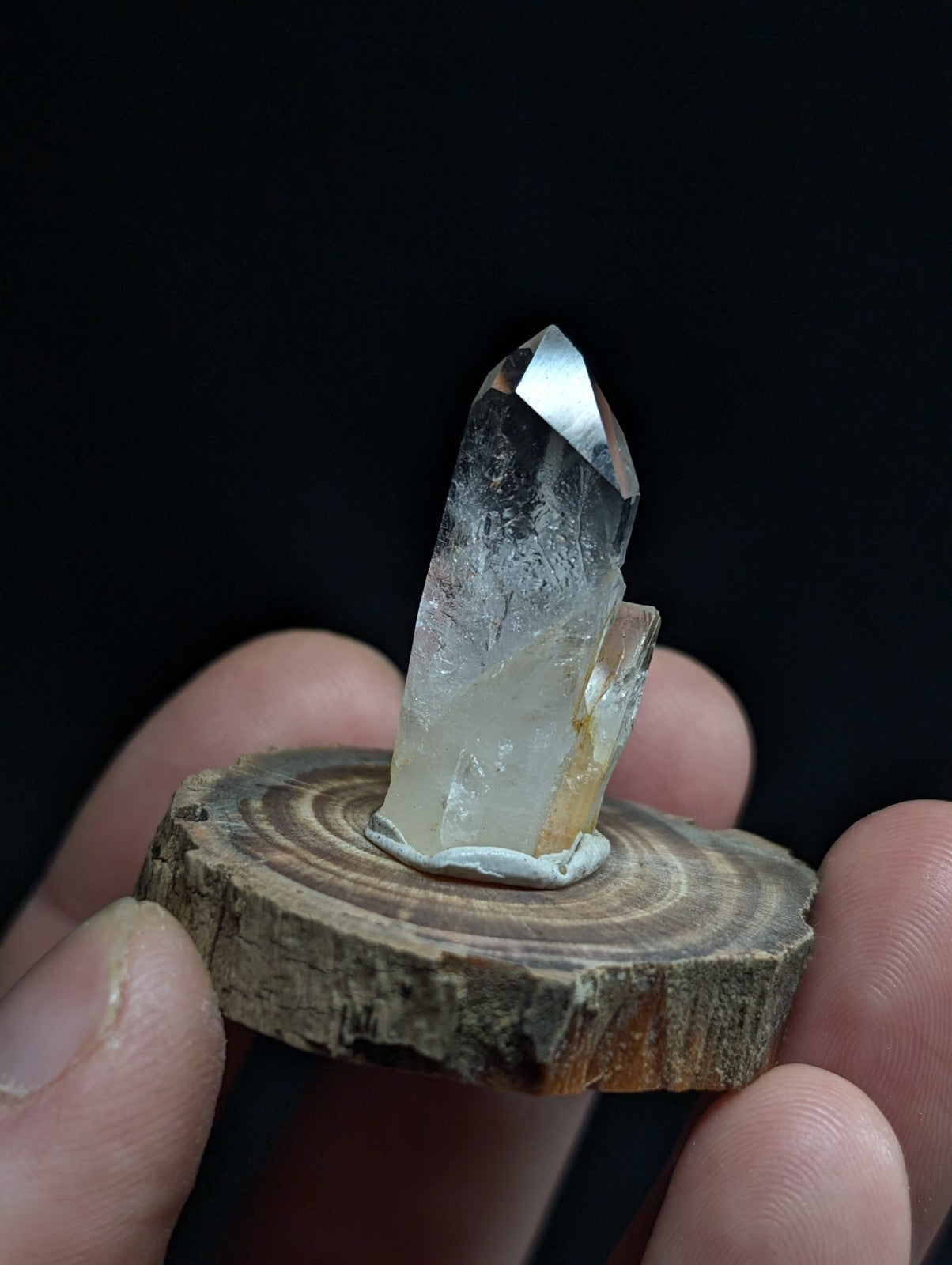 A clear quartz crystal with a pointed tip and subtle internal inclusions, mounted on a rustic wooden slice.