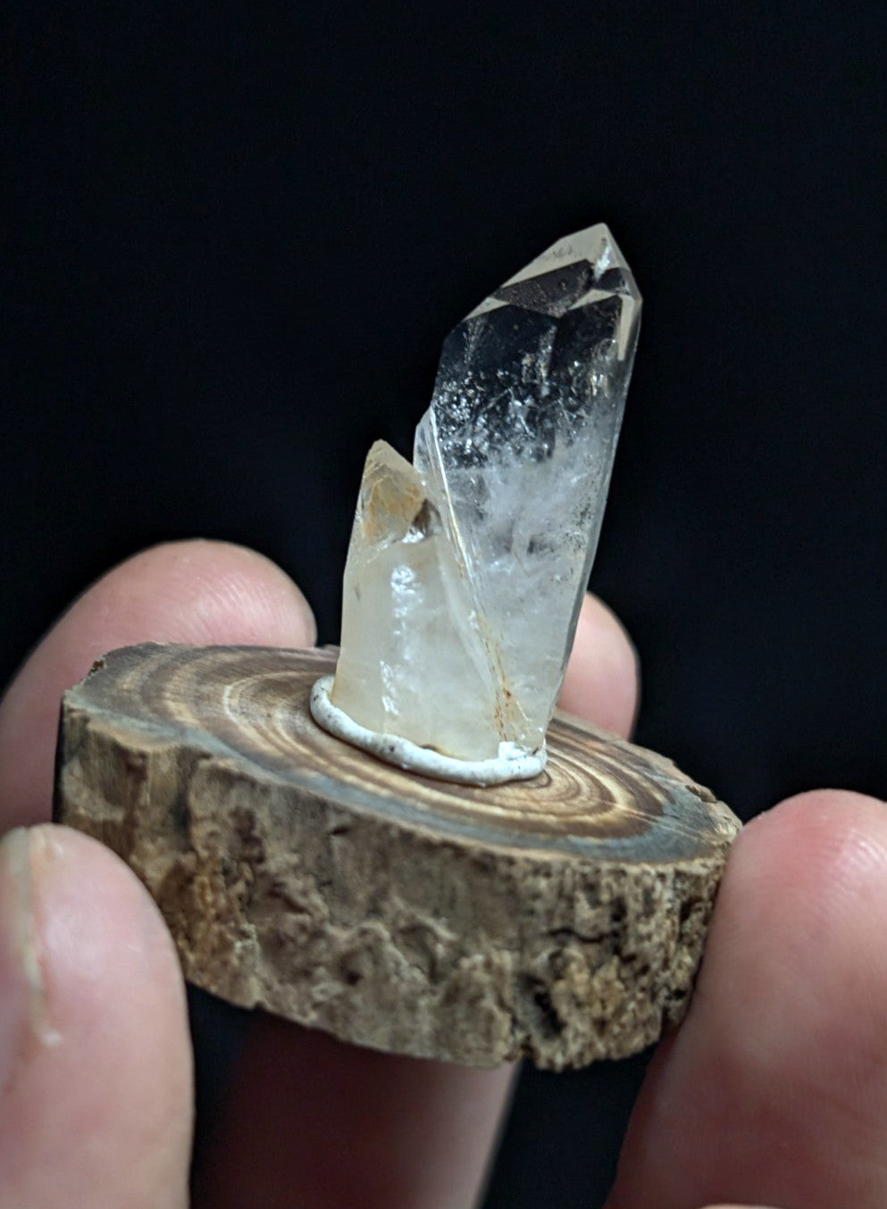 A clear quartz crystal cluster, featuring a tall, transparent point with subtle internal inclusions and a smaller base crystal, mounted on a rustic wooden slice.