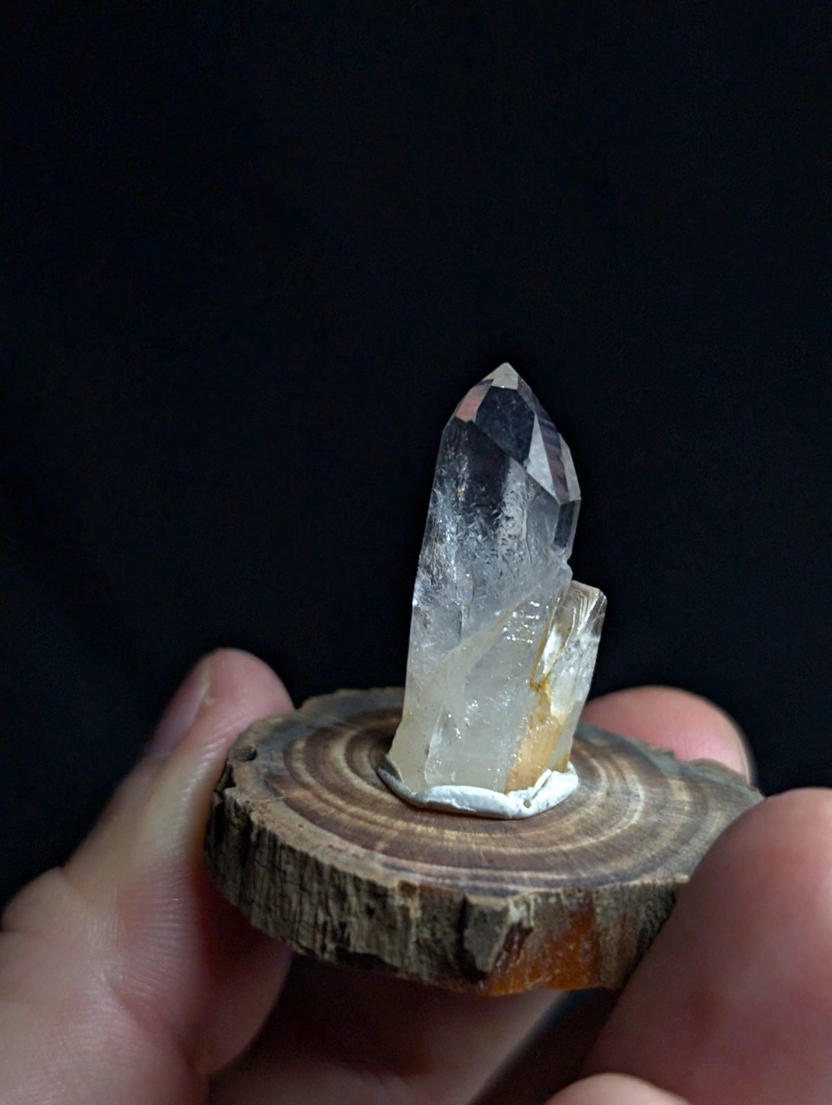 A clear quartz crystal with a pointed tip and subtle internal inclusions, mounted on a rustic wooden slice base.