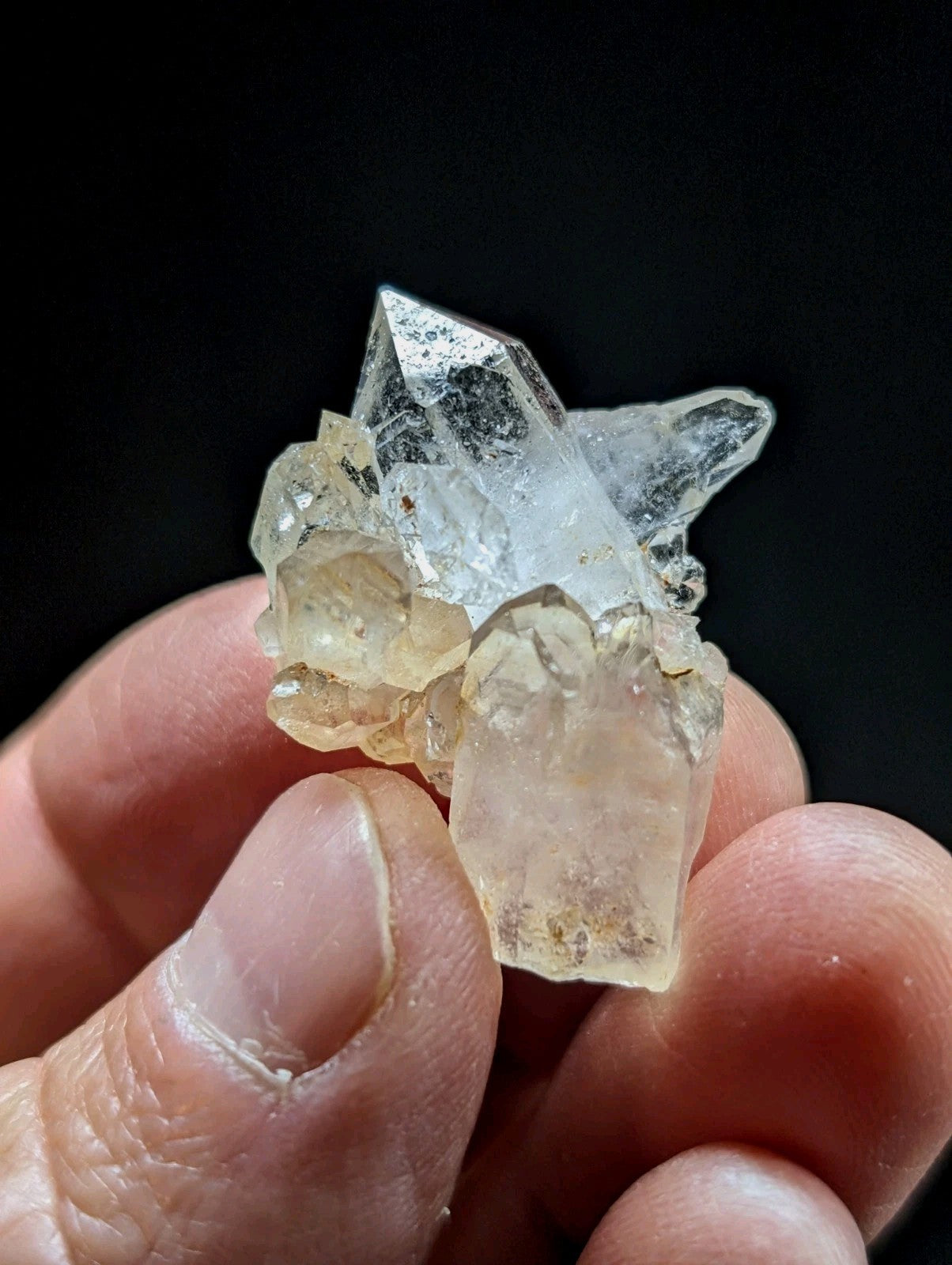 A translucent, pale yellowish quartz crystal cluster with sharp, faceted points and a natural, earthy base.