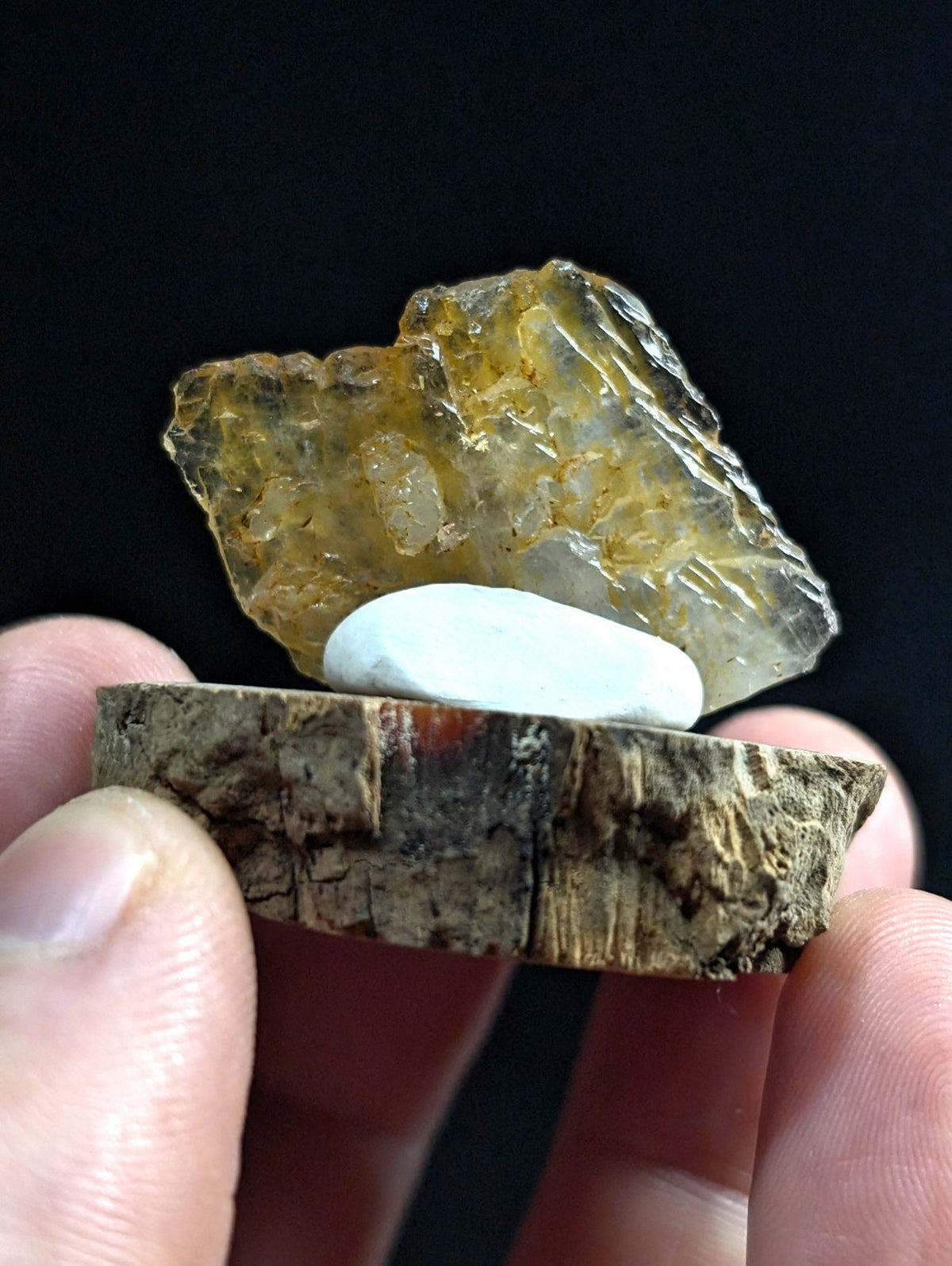 A translucent amber-colored crystal with a rough, jagged surface sits atop a smooth white stone, both resting on a rustic wooden slice held in someone’s fingers.