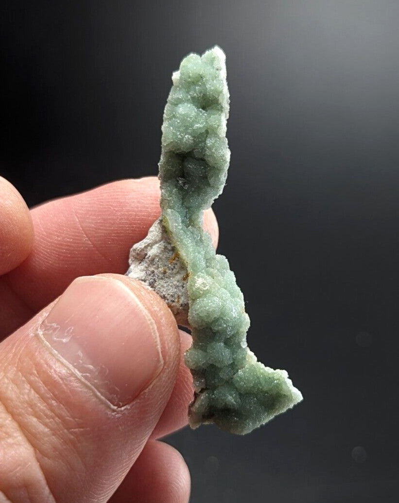 A delicate, light green mineral specimen with a textured, crystalline surface and subtle white veining.