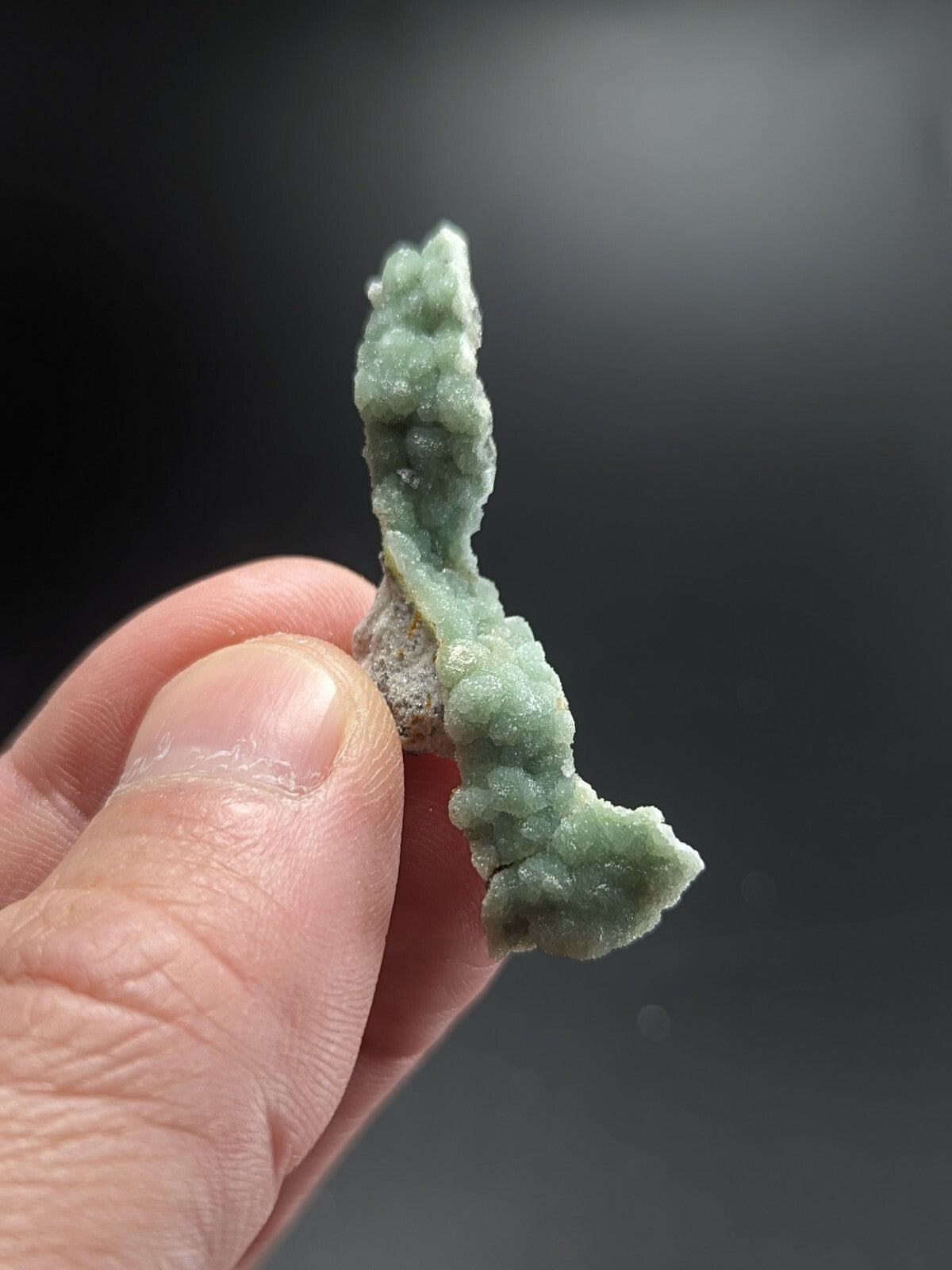 A delicate, pale green mineral specimen with a textured, crystalline surface held gently between fingers.