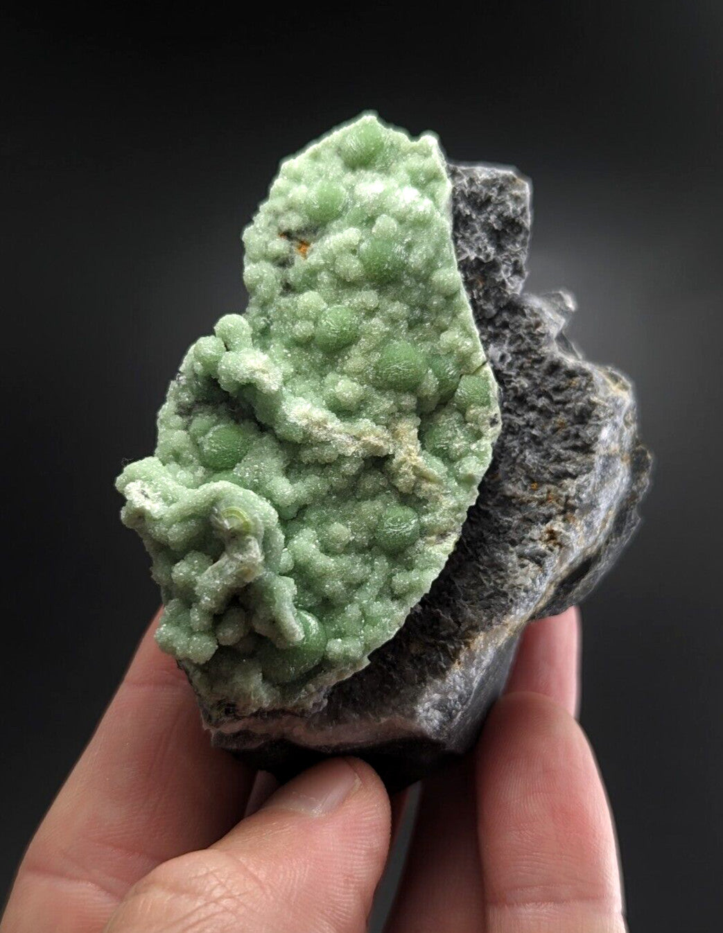 A hand holds a striking green mineral specimen with rounded, bumpy formations against a dark gray rock base.