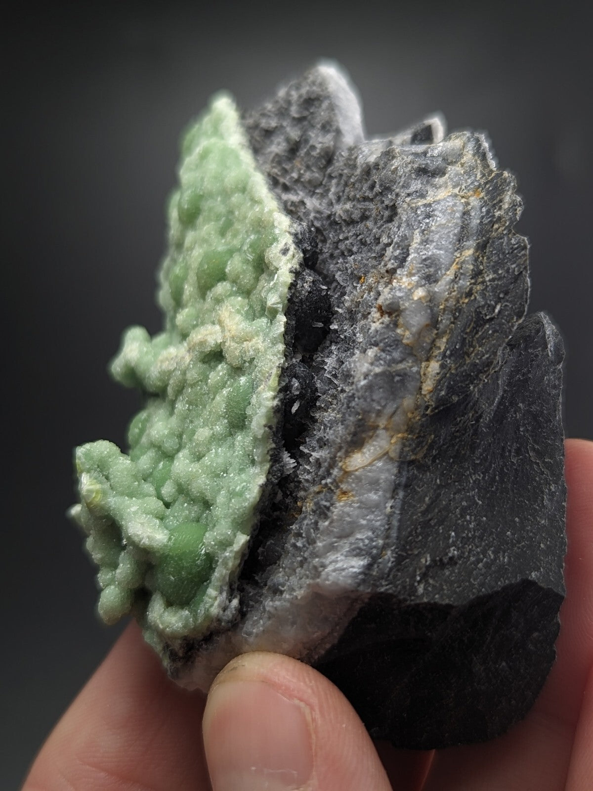 A hand holds a striking mineral specimen featuring vibrant green, crystalline formations contrasting against dark gray and black rock.
