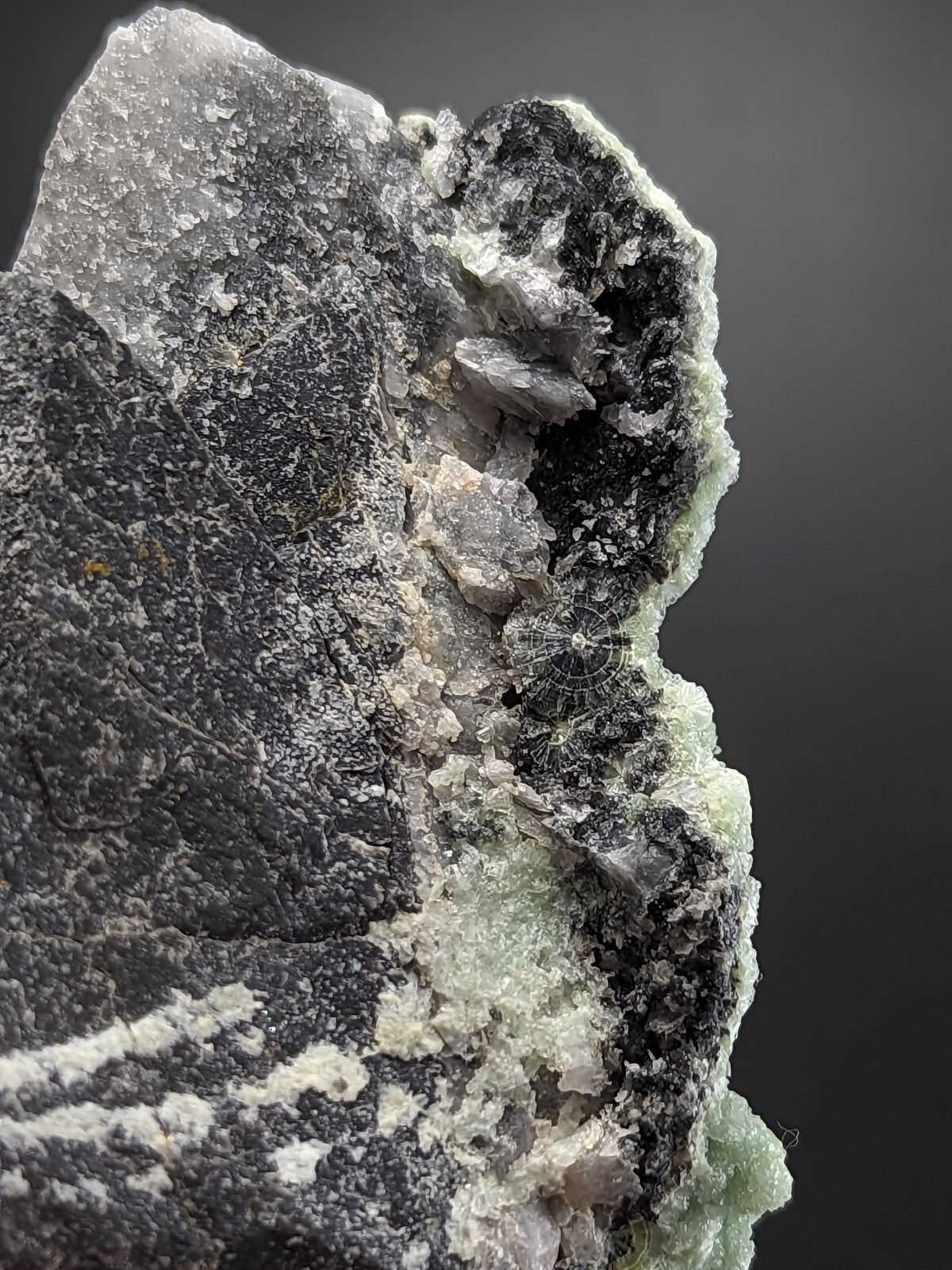 A striking black and translucent green mineral specimen with crystalline formations.