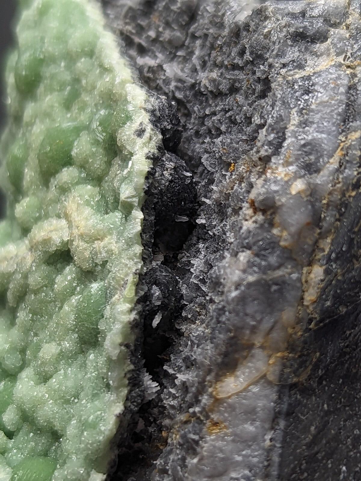 A striking green mineral formation with a crystalline, textured surface contrasts against dark gray rock.