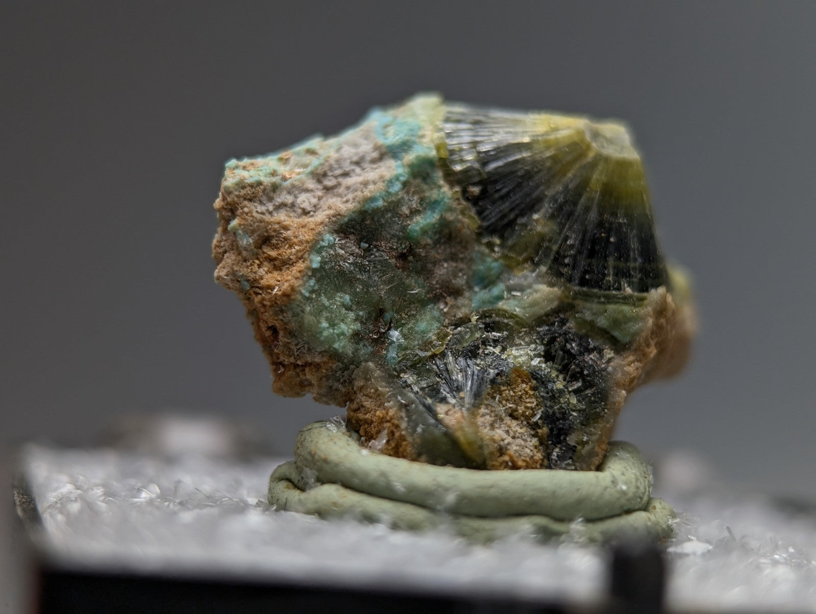 Unique wavellite mineral with greenish blue and black crystals on brown matrix from garland county arkansas