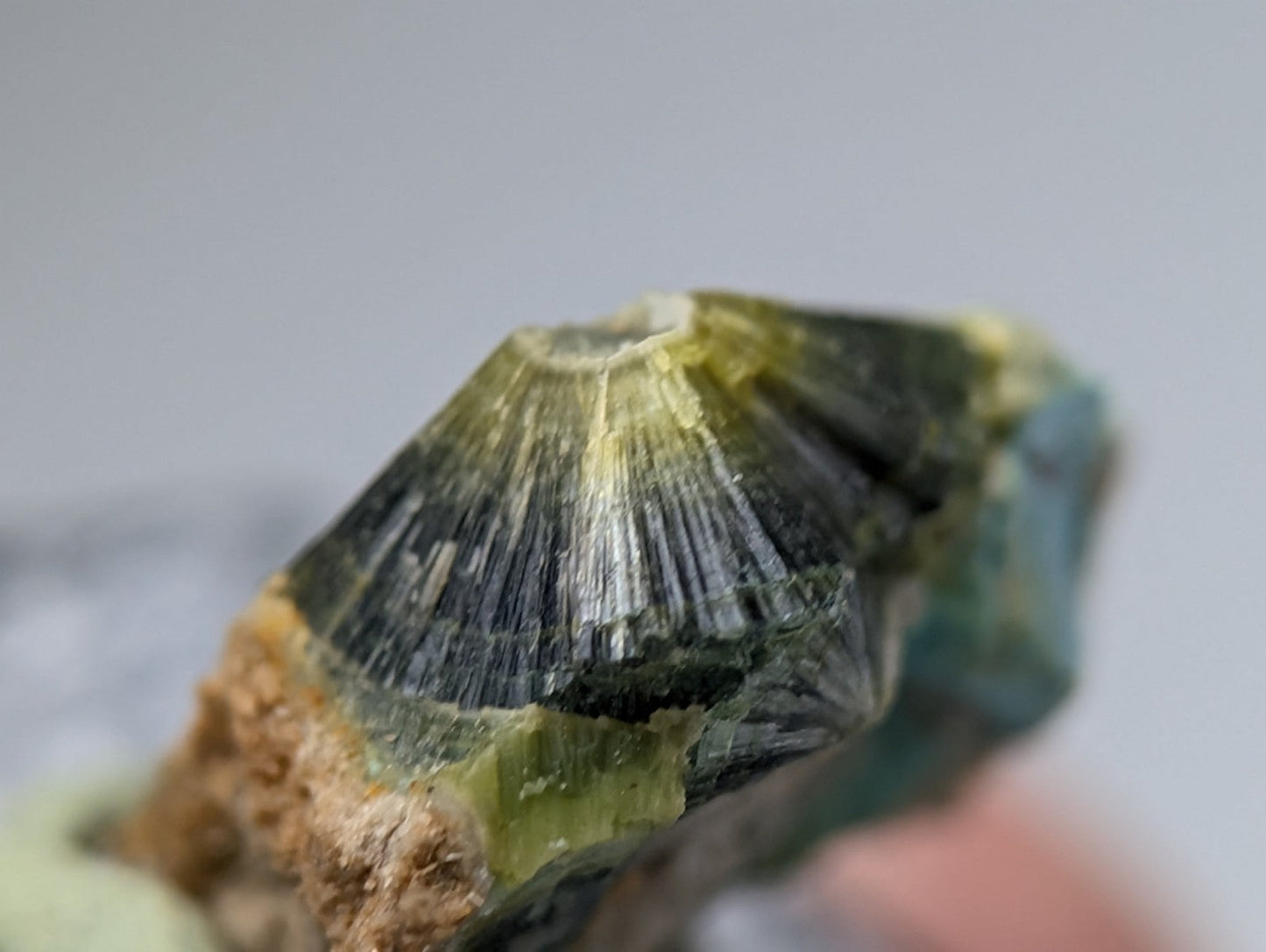Unique wavellite mineral with green and black radial fan-like crystalline structure from garland county arkansas