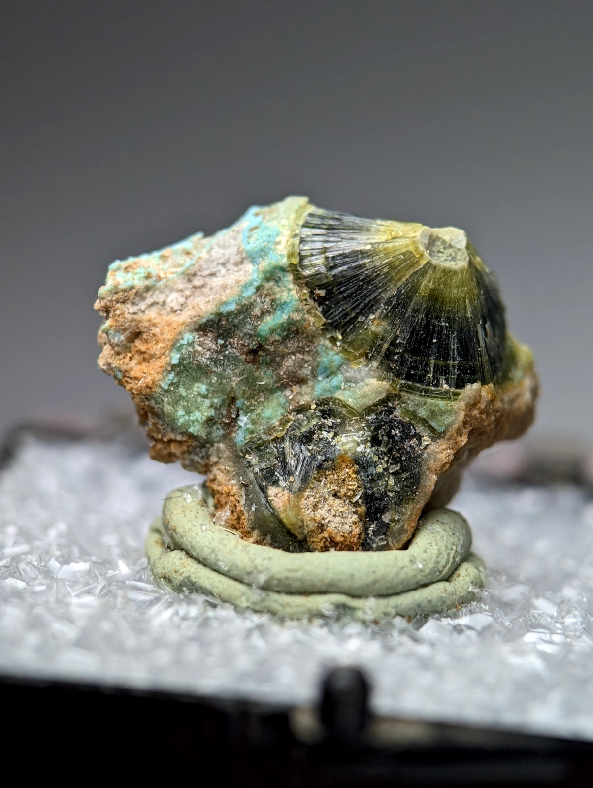 Unique wavellite fossilized shell with green black and near-turquoise patina in earthy matrix from garland county arkansas