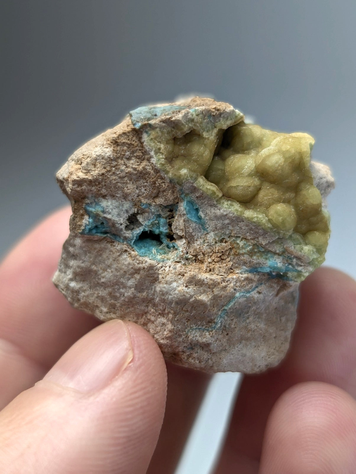 Unique wavellite mineral specimen with vibrant turquoise and yellow green hues from Garland County Arkansas