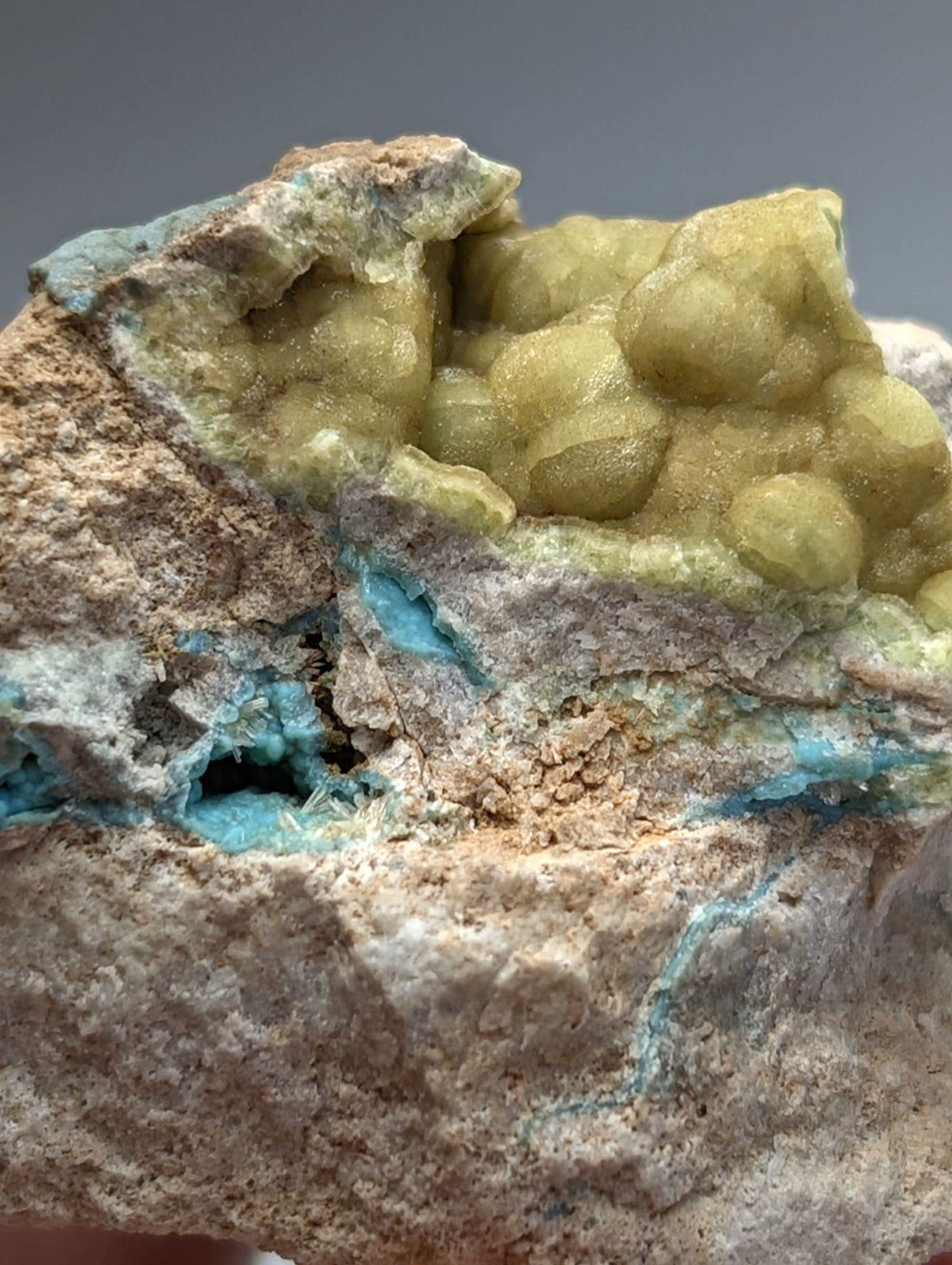 Unique wavellite mineral specimen with greenish yellow color and turquoise veins in beige rock matrix from Arkansas