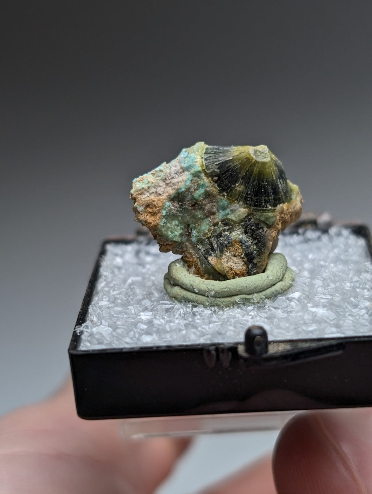 Unique wavellite mineral specimen with green and black textured surface displayed in a black presentation box