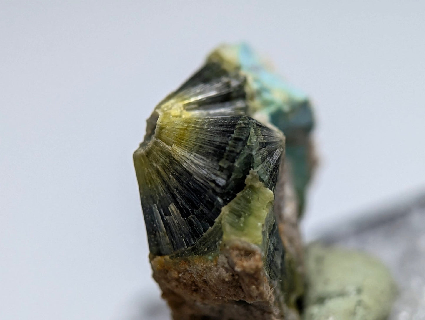 Unique wavellite mineral with green black radiating crystals and near-turquoise patches on brown matrix from Arkansas
