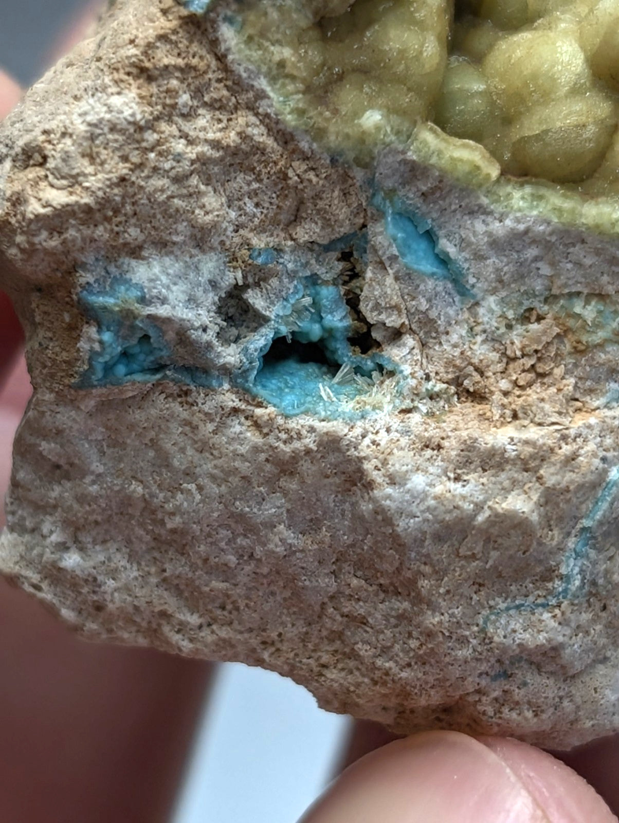Unique wavellite rock with vibrant turquoise mineral veins and pale yellow-green crystals from Garland County Arkansas