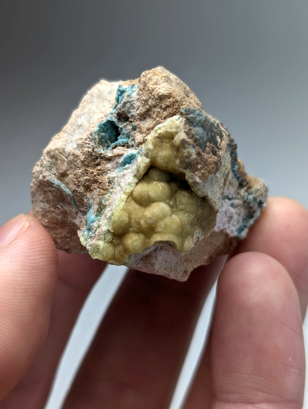A hand holds a unique wavellite mineral with vibrant turquoise and yellow-green crystals from Garland County Arkansas