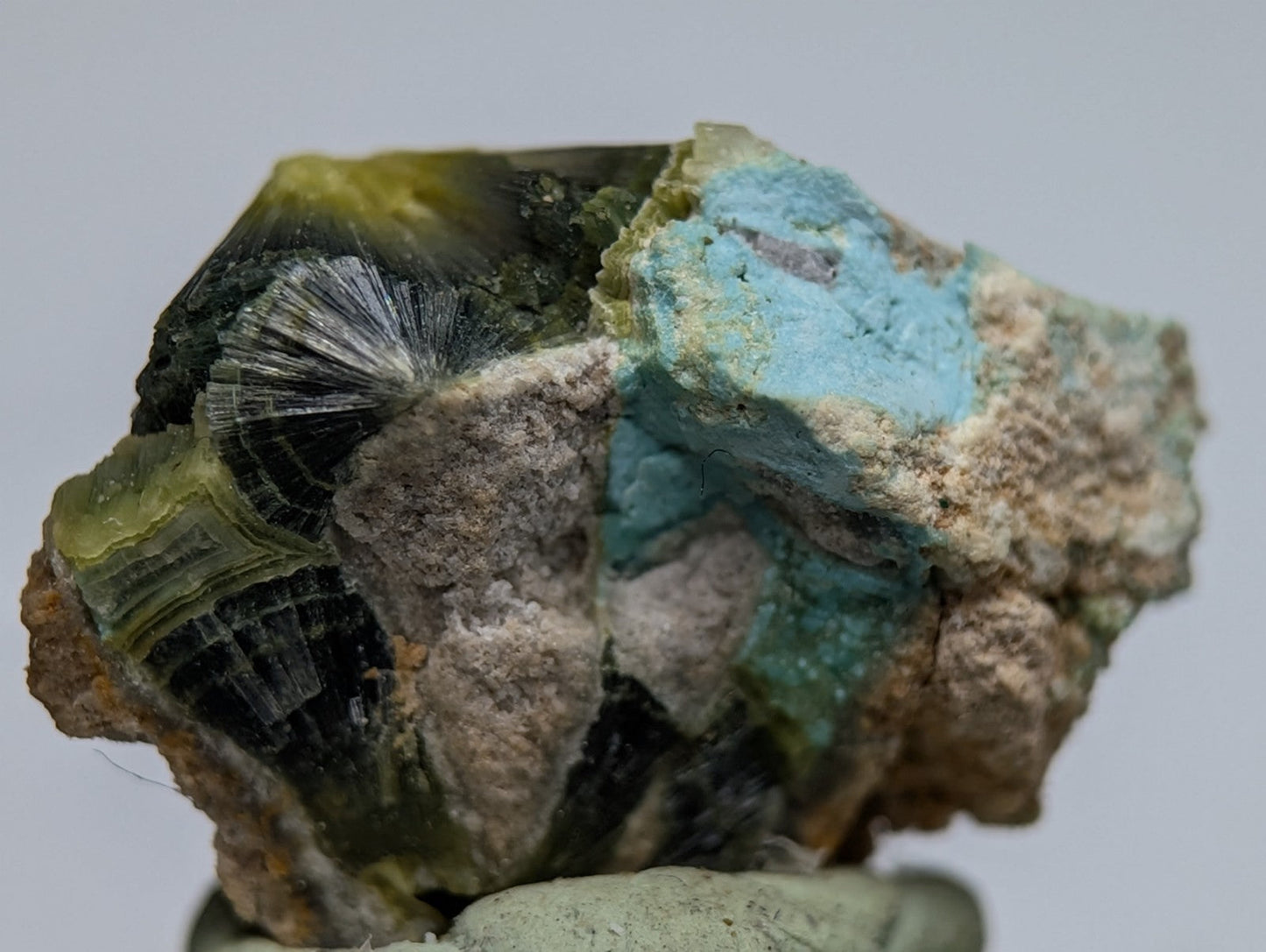 Unique wavellite mineral specimen with vibrant turquoise crystals and dark fibrous formations on brown matrix from arkansas