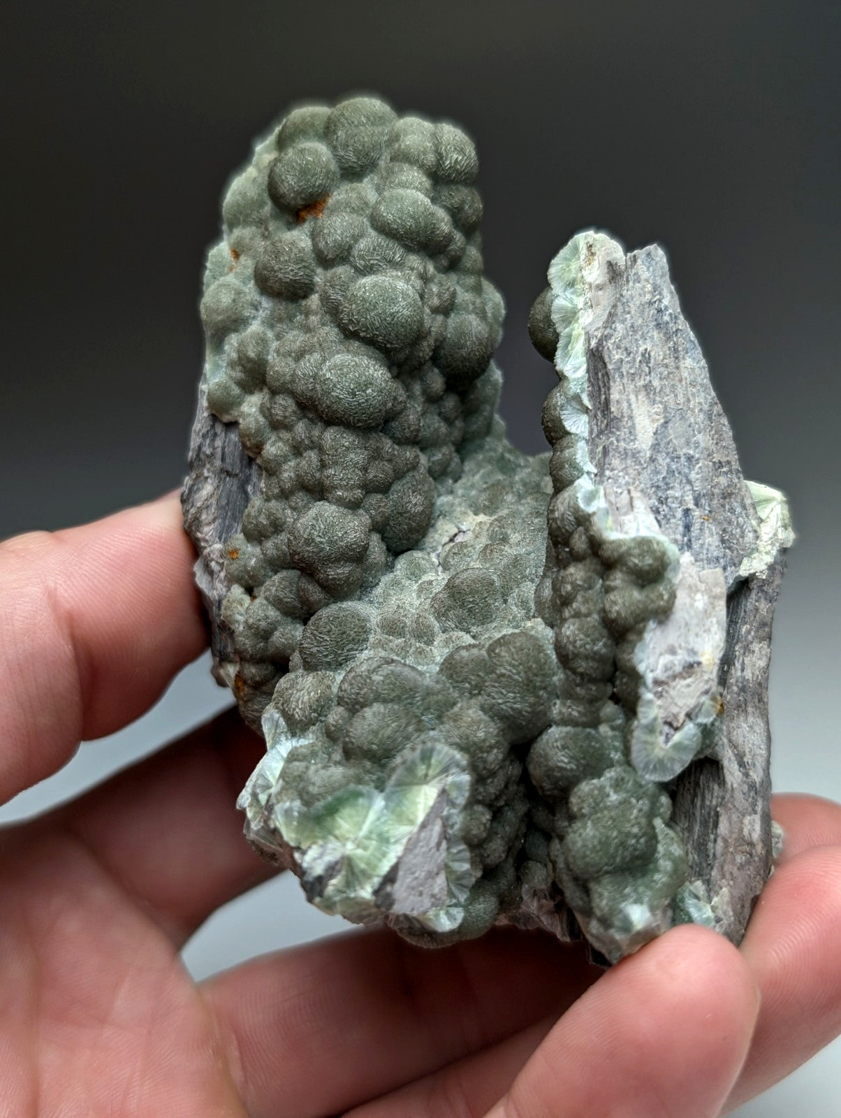 Uv reactive green wavellite cluster with gray green textured nodules and crystalline formations from arkansas usa