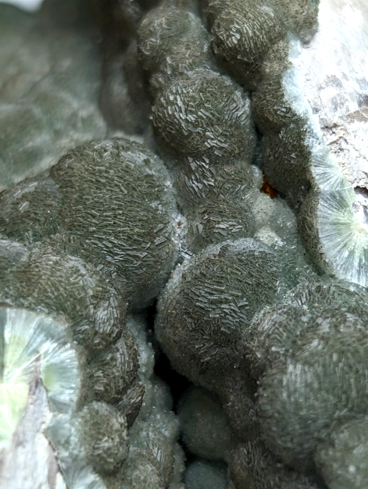 Gray fuzzy spherical uv reactive green wavellite cluster from mauldin mountain arkansas usa old stock