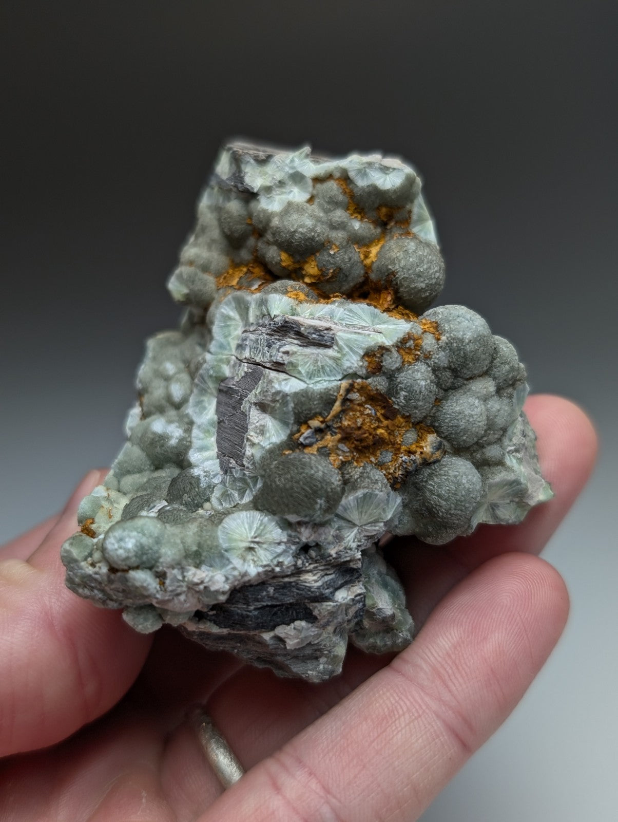 A hand holds a uv reactive green wavellite cluster with grayish green crystals and orange yellow oxidation from Arkansas usa