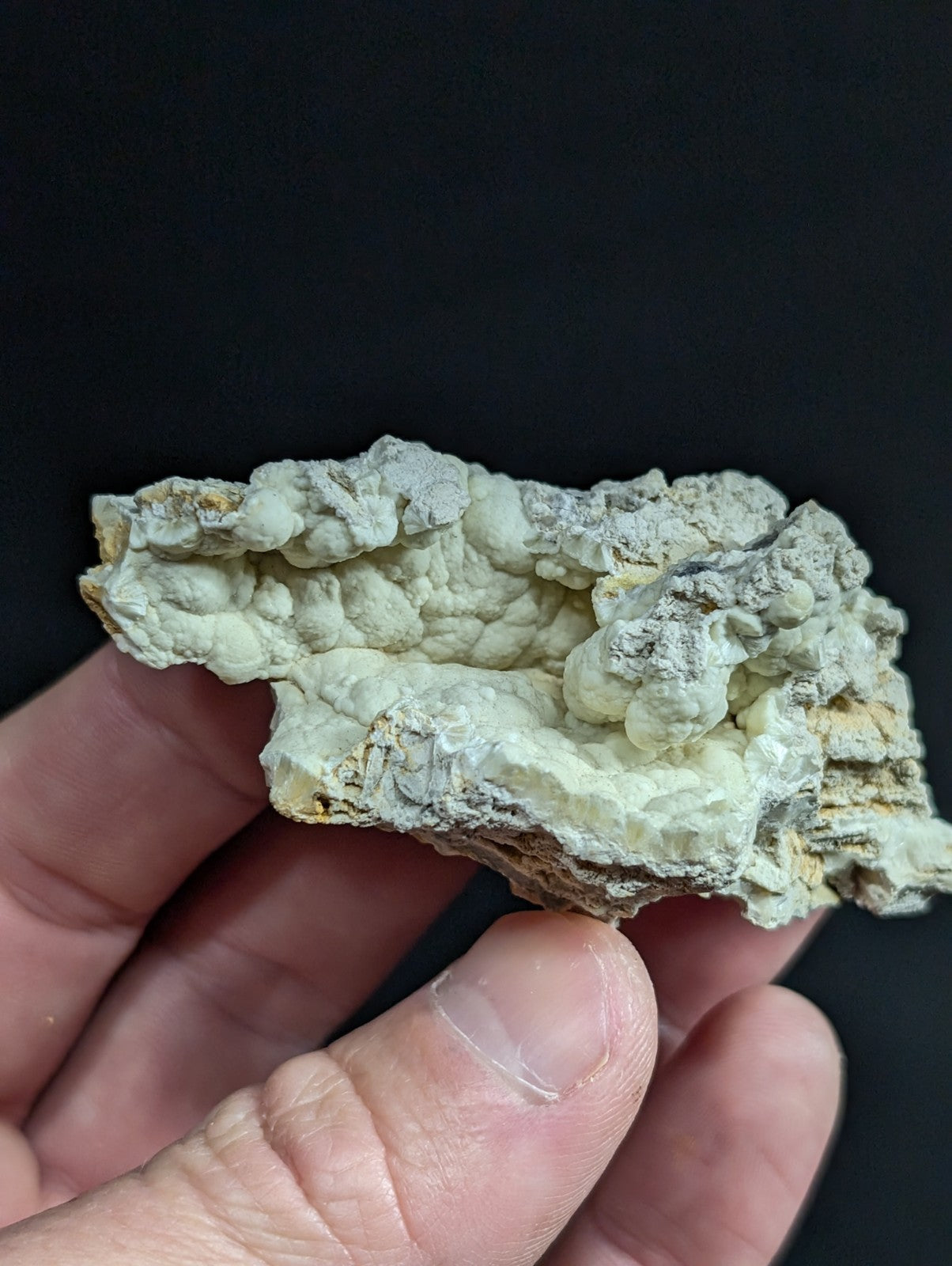 A hand holds a pale, textured mineral specimen with irregular, bumpy surfaces and subtle yellowish undertones.