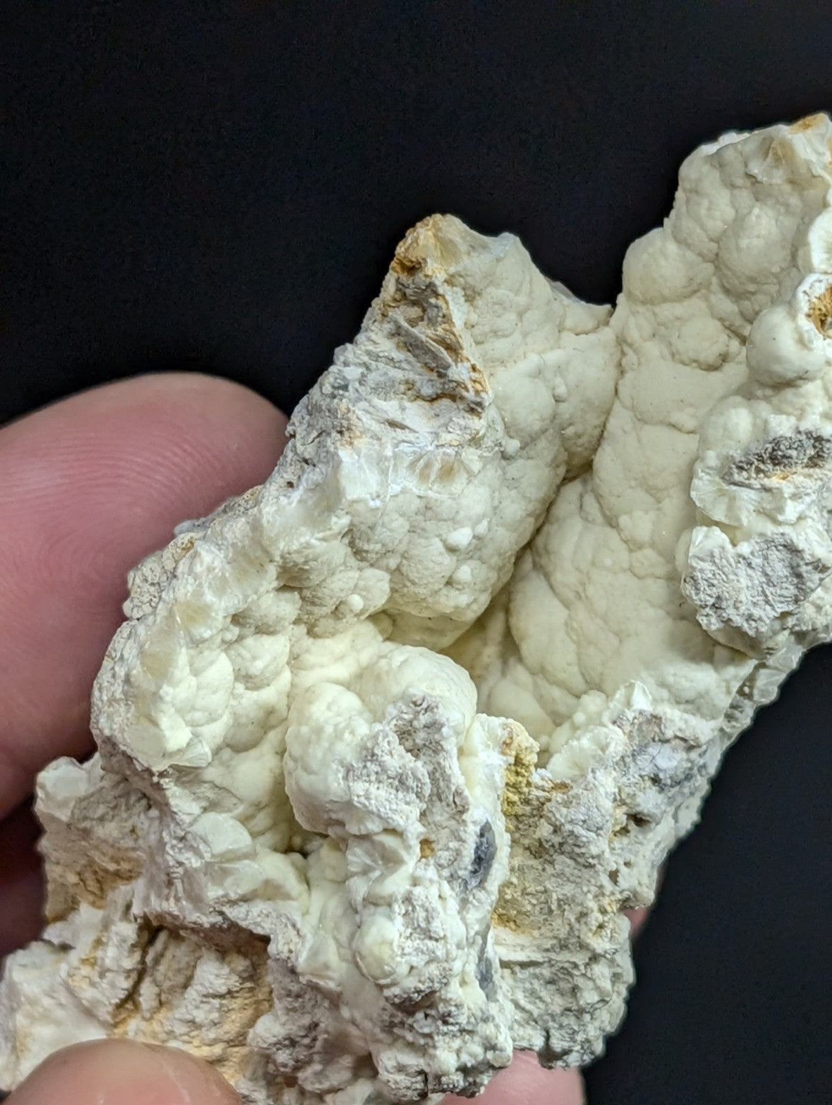 A textured, off-white mineral specimen with a rough, bumpy surface and subtle yellowish patches.