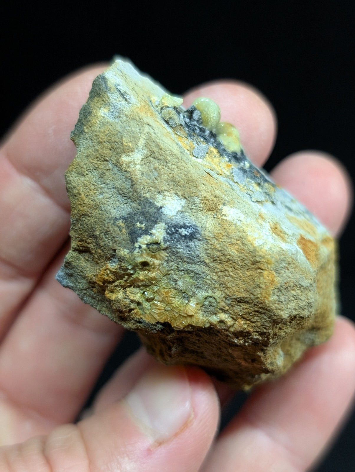 A rugged, irregularly shaped rock with a textured surface displaying patches of yellow, gray, and dark mineral streaks.