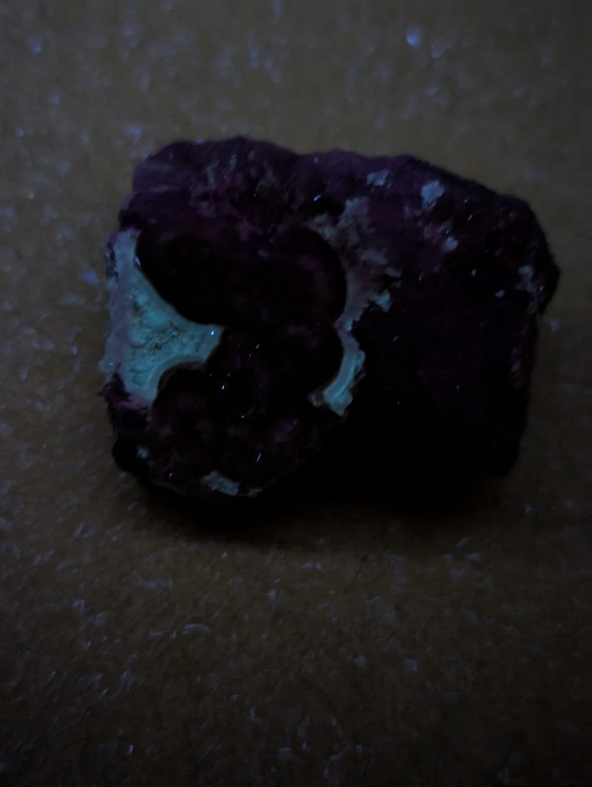 A dark purple mineral specimen with a striking turquoise-green crystalline inclusion.