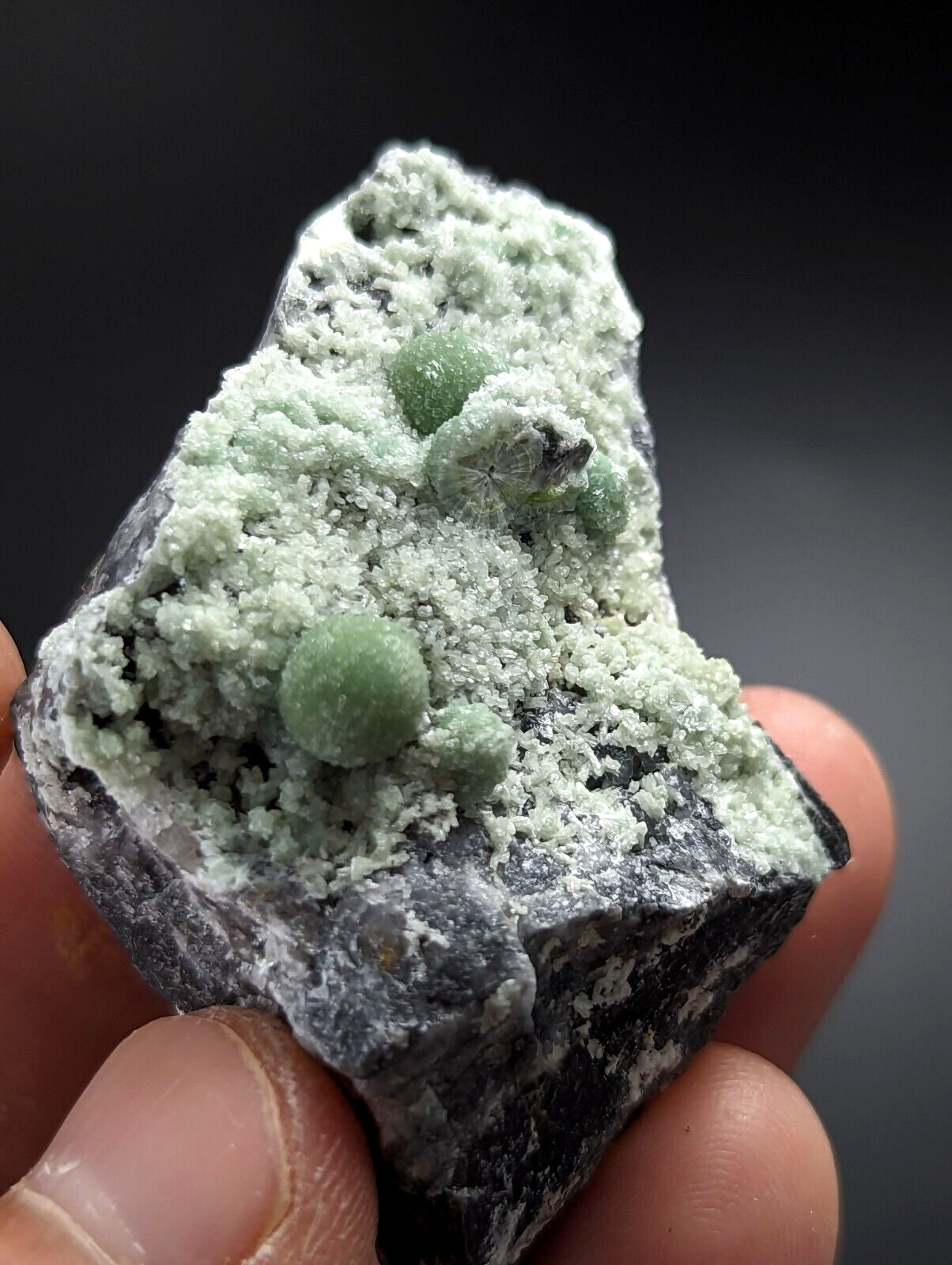 A hand holds a dark, rough-textured rock specimen featuring several small, translucent green spherical crystals embedded in a light mint-green crystalline matrix.
