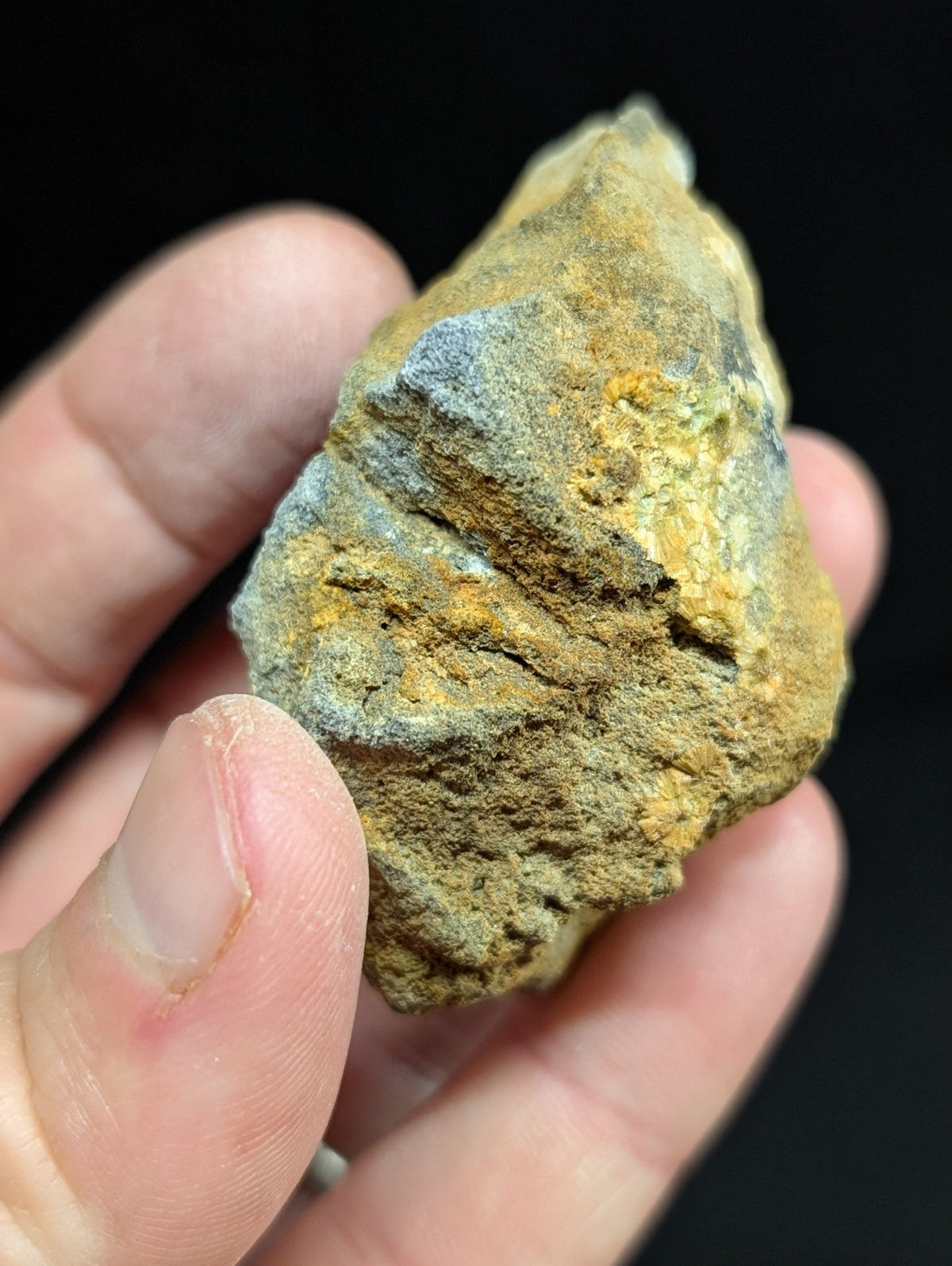 A rugged, irregularly shaped rock with a mottled surface of earthy yellow and gray tones.