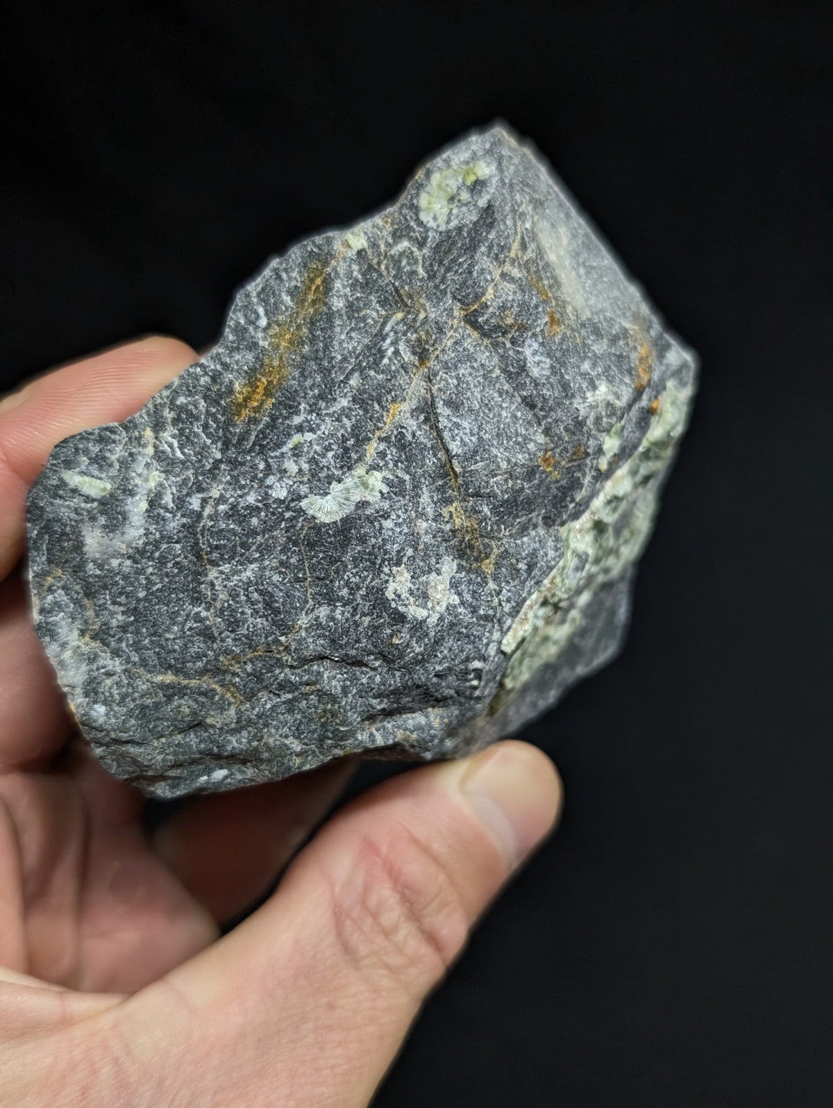 A rugged, dark gray rock with subtle yellowish streaks and white mineral patches held in a hand.