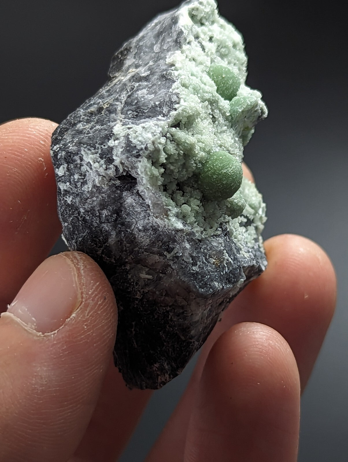 A hand holds a dark gray rock specimen featuring several smooth, light green spherical crystals growing from its surface.