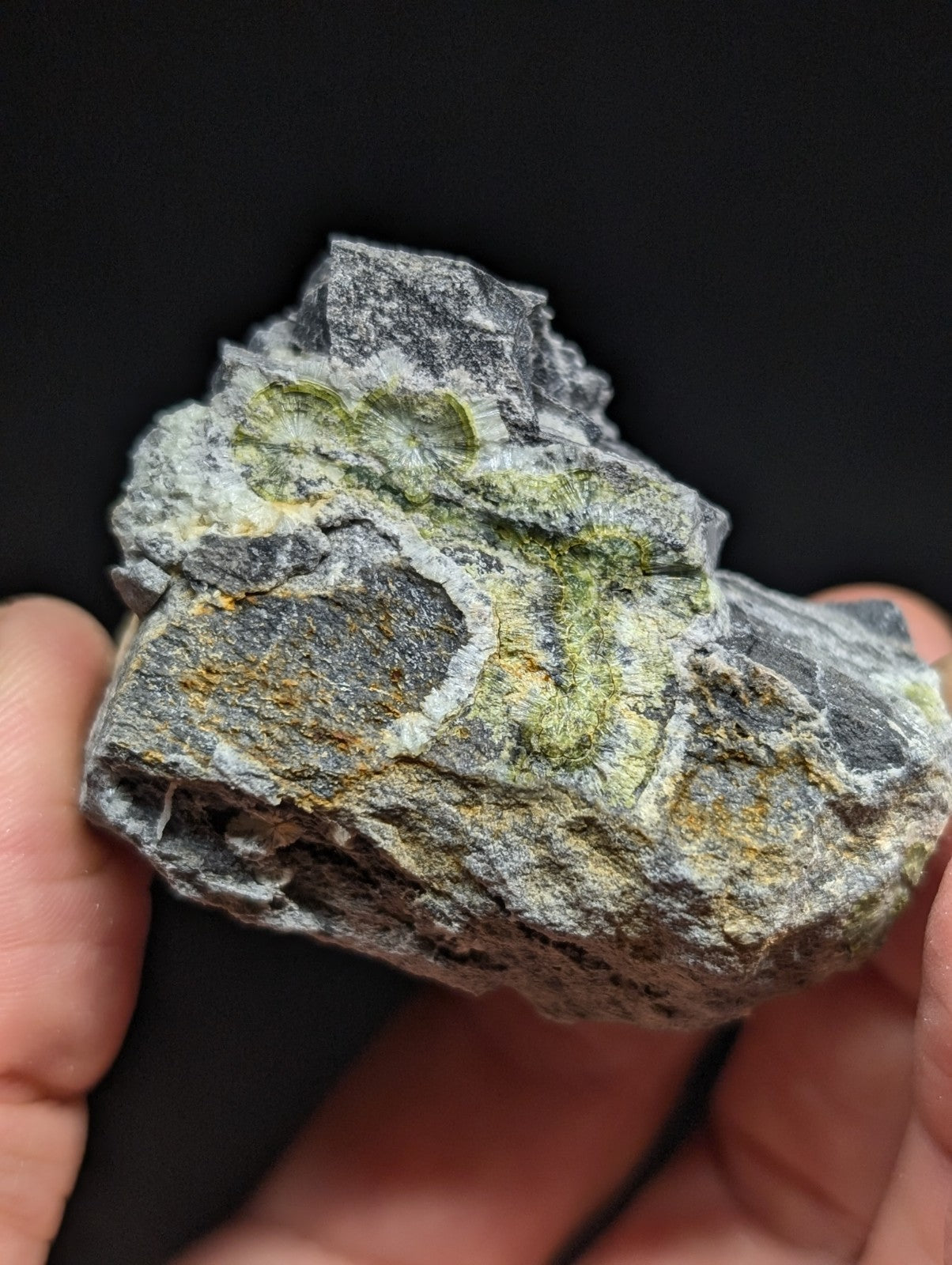 A rugged, irregularly shaped rock with a gray base and patches of vibrant green mineral veins streaking across its surface.