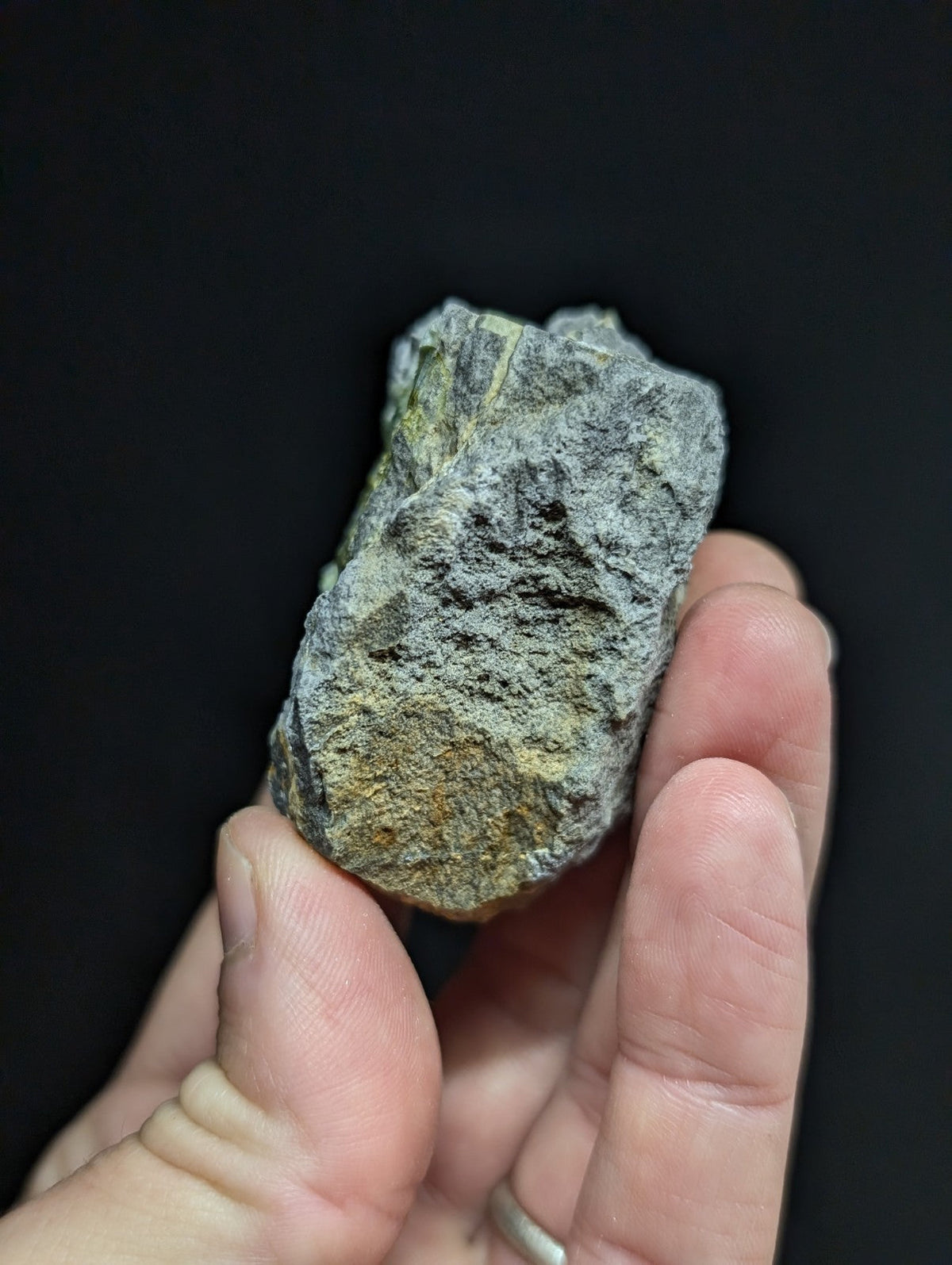 A rough, irregularly shaped stone with a mottled gray and green surface held in someone’s hand.