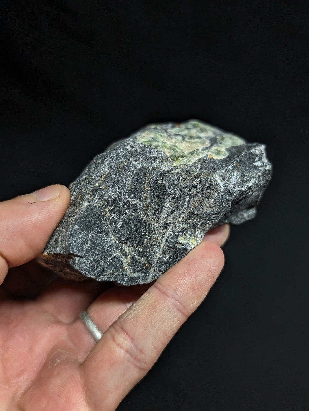 A dark gray, rough-textured rock with subtle greenish veining and a natural, irregular shape.