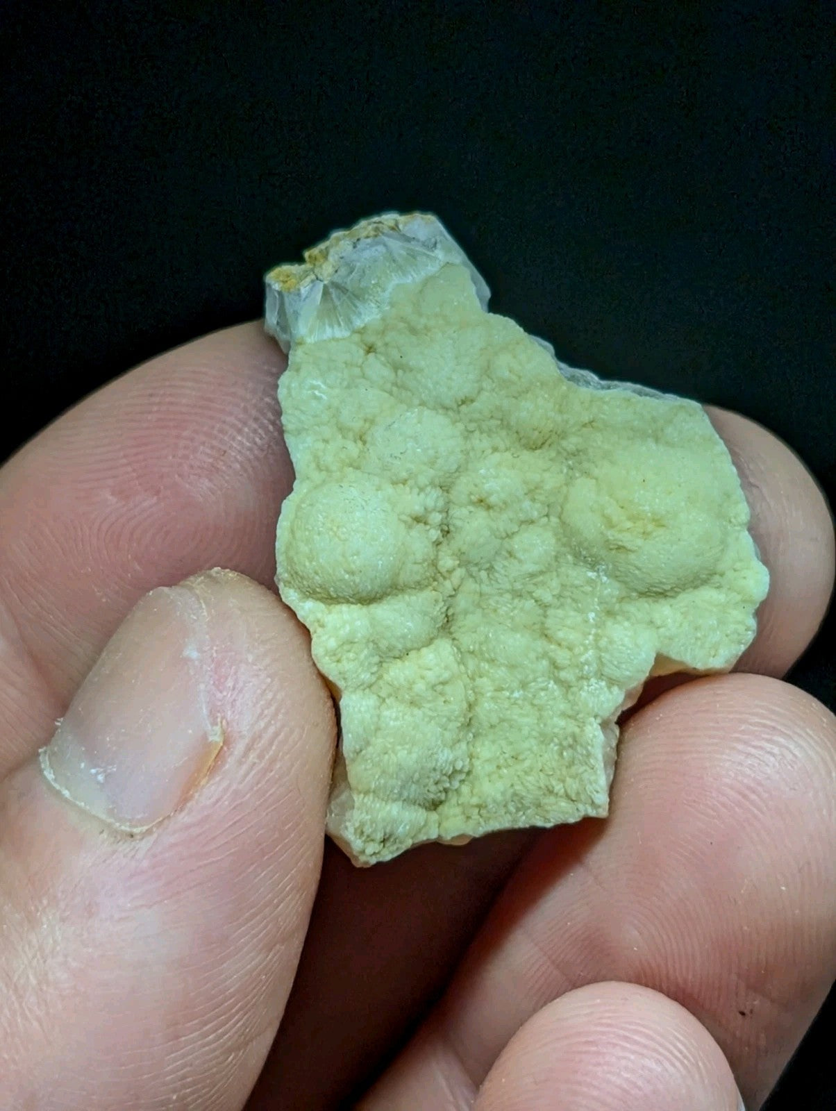A pale green, irregularly shaped mineral specimen with a textured surface featuring rounded nodules and translucent edges.